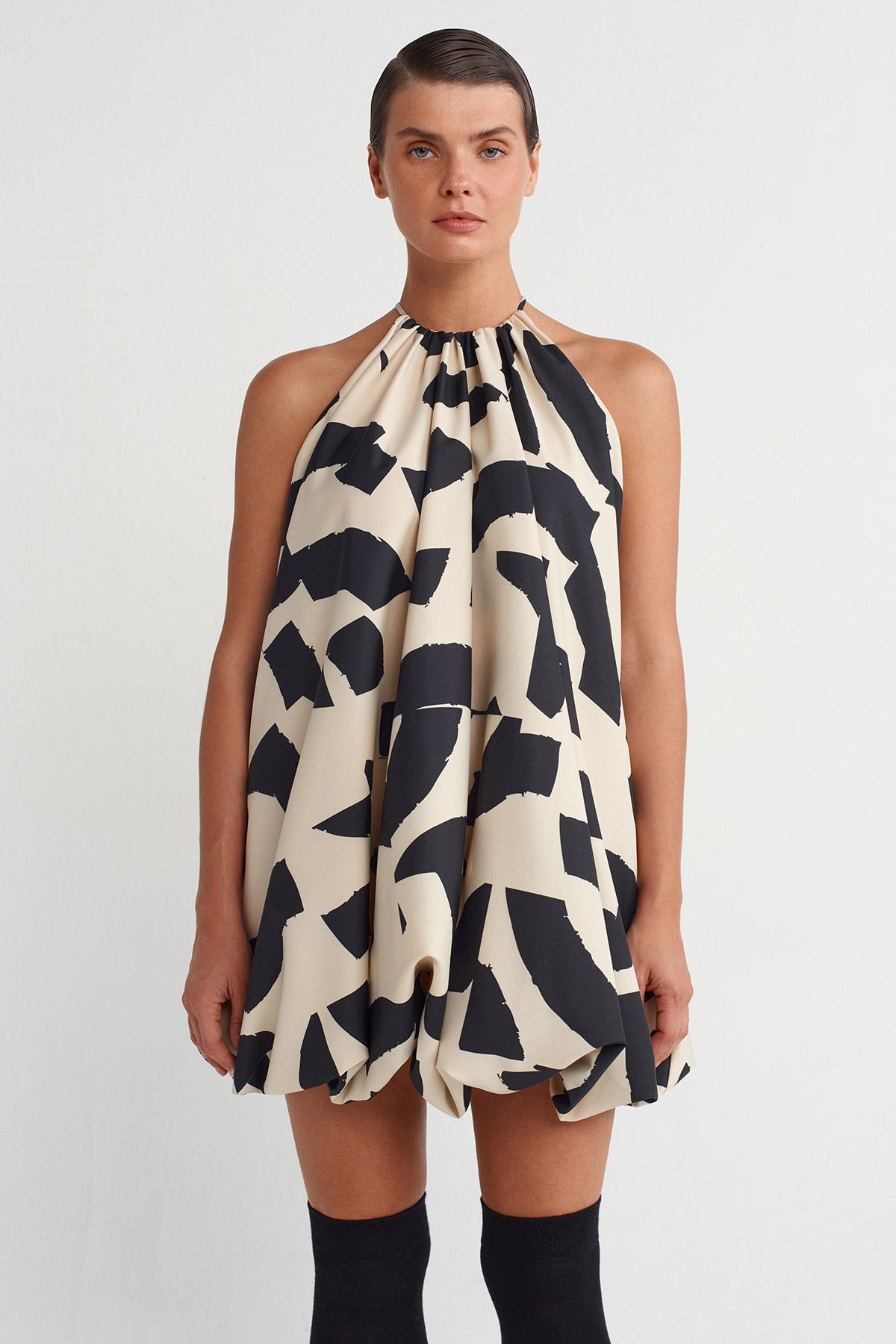 Printed Patterned Short Balloon Dress-Y264014026