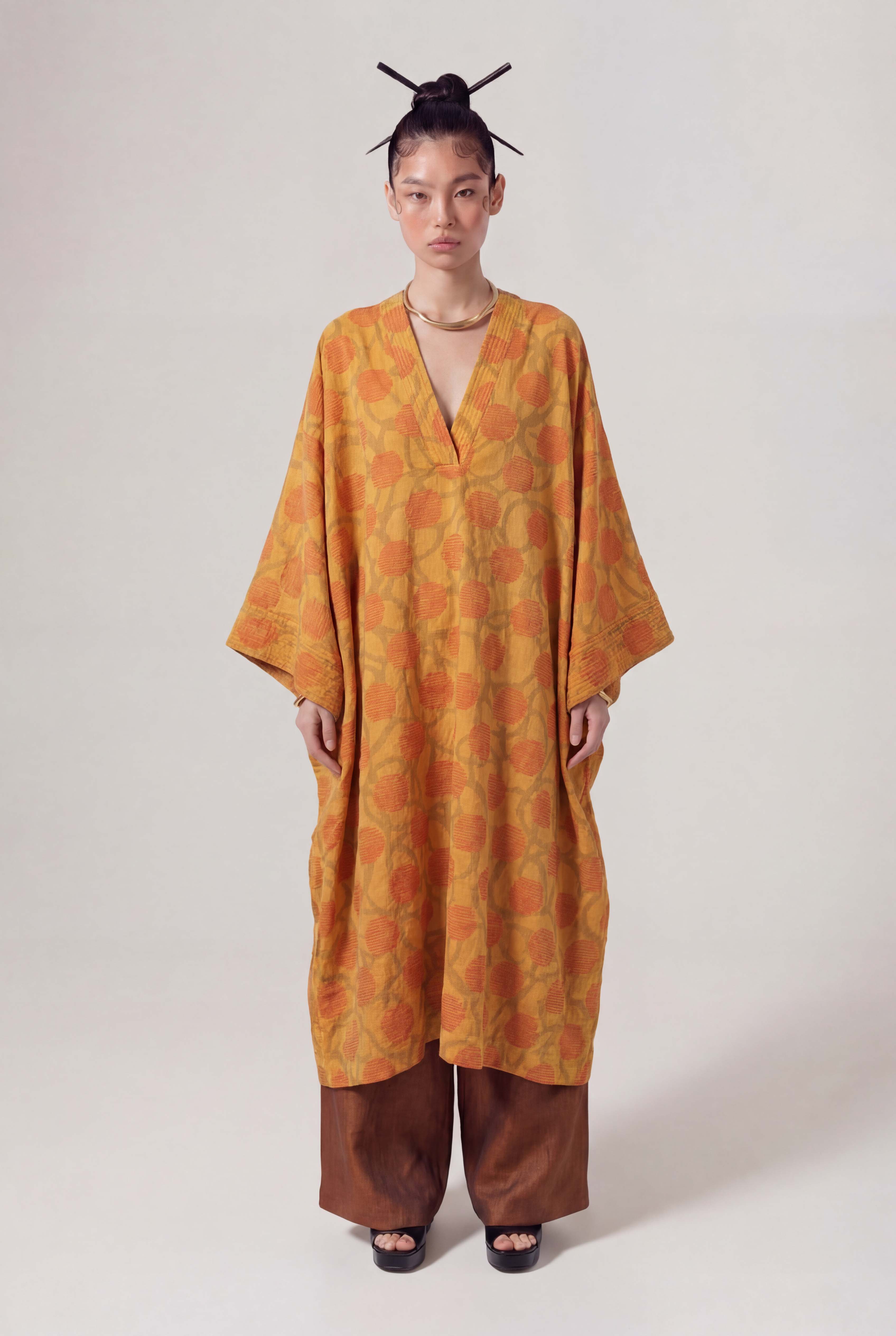 Bronze Patterned Kaftan Dress-Y264014036