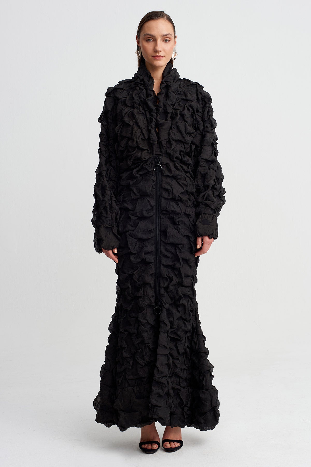 Black Textured Long Dress With Zipper Detail-Y264014070