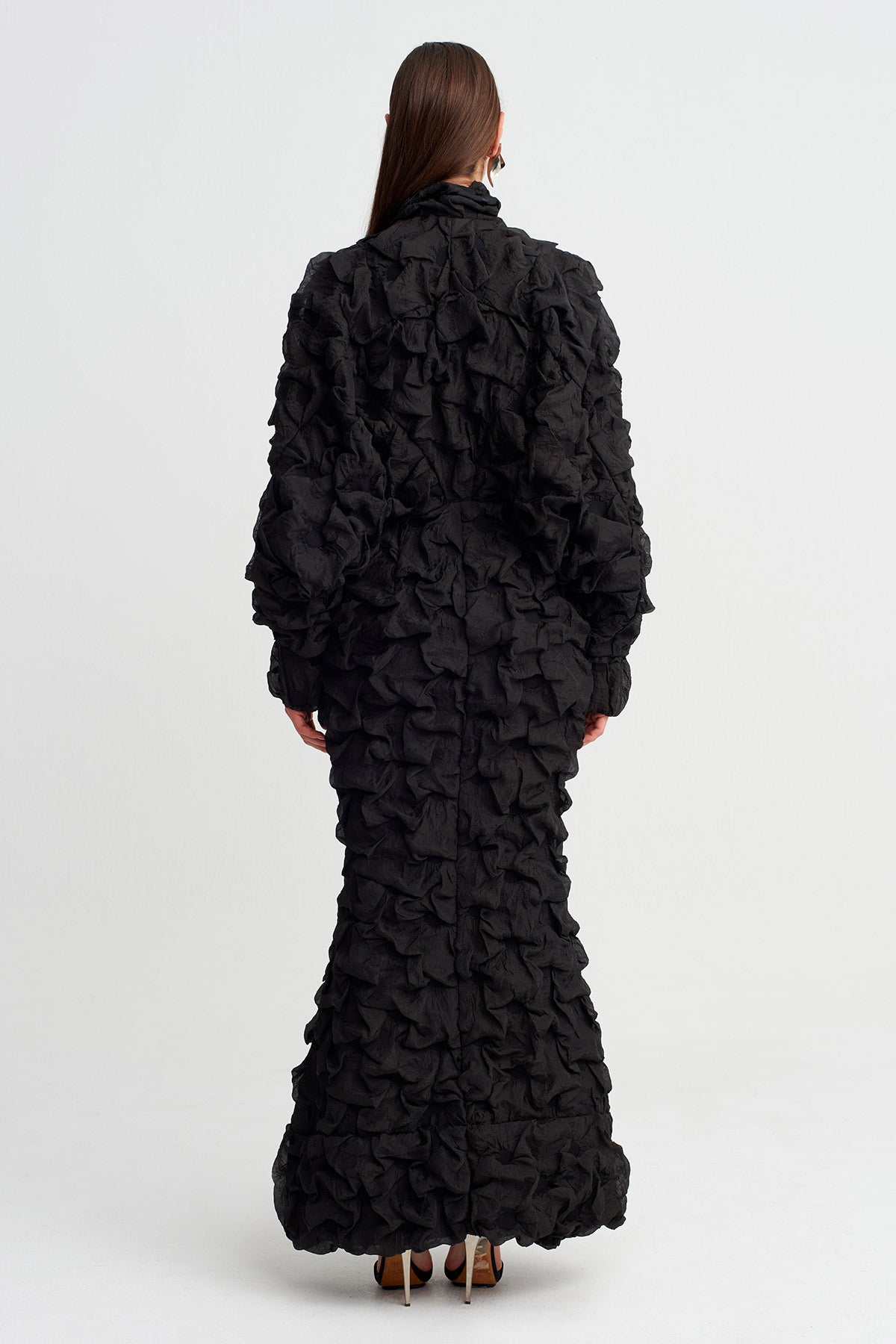 Black Textured Long Dress With Zipper Detail-Y264014070