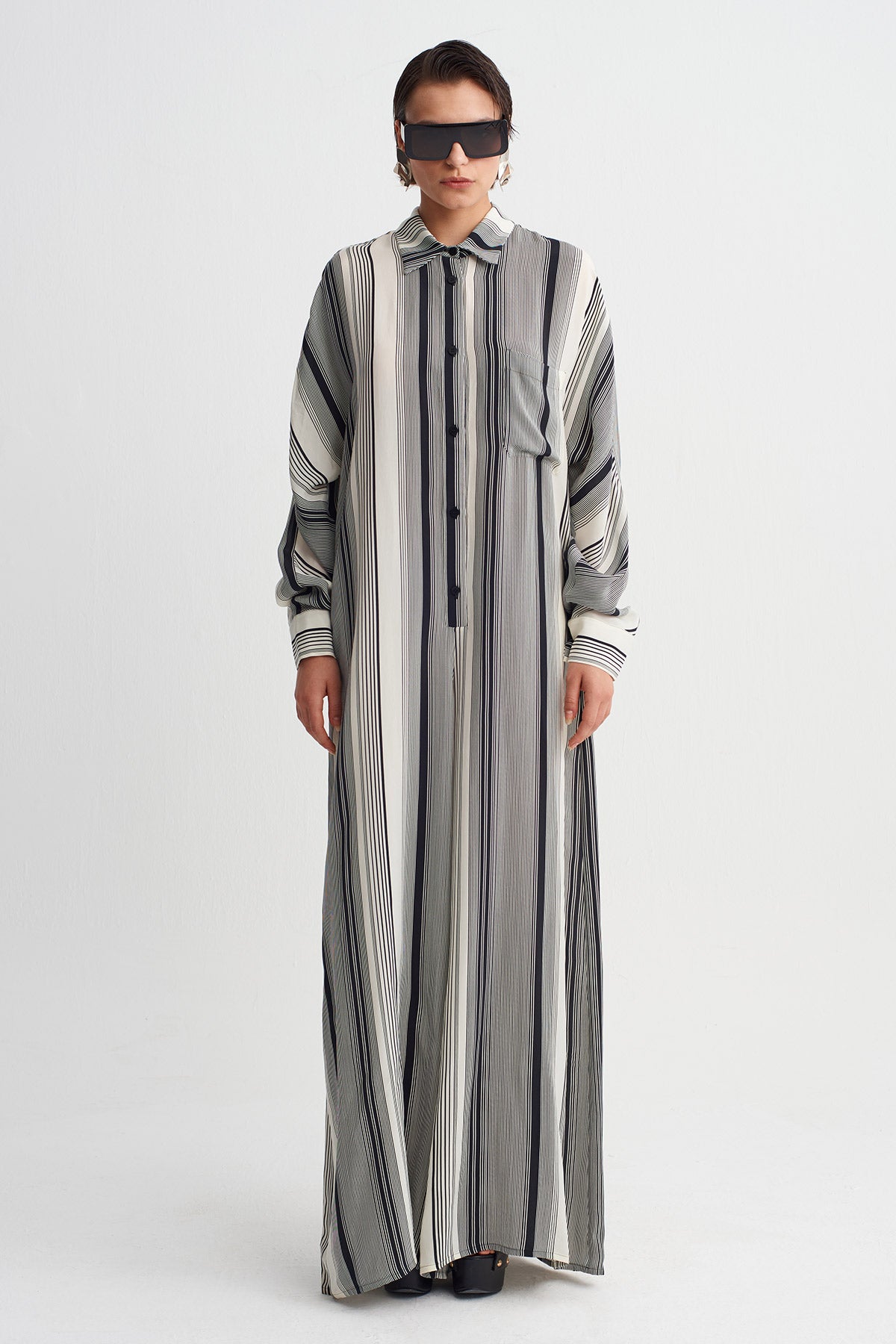 Striped Shirt-Collar Jumpsuit-Y264014090