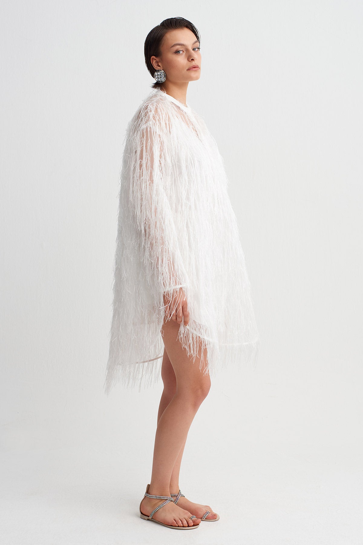 Off White Fringed Mini Dress-Y264014121
