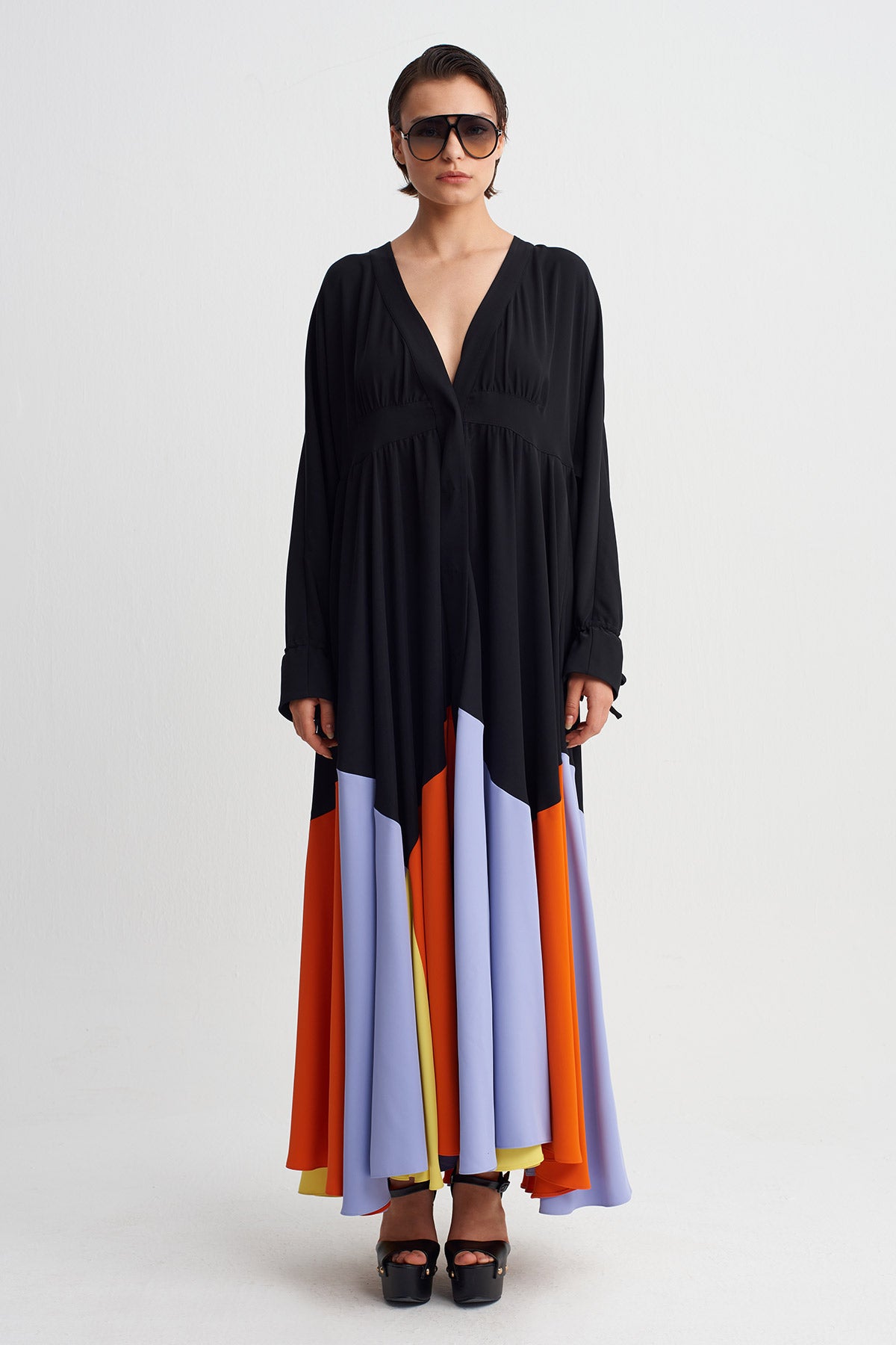 Multicolor Color Block Flared Dress-Y264014122