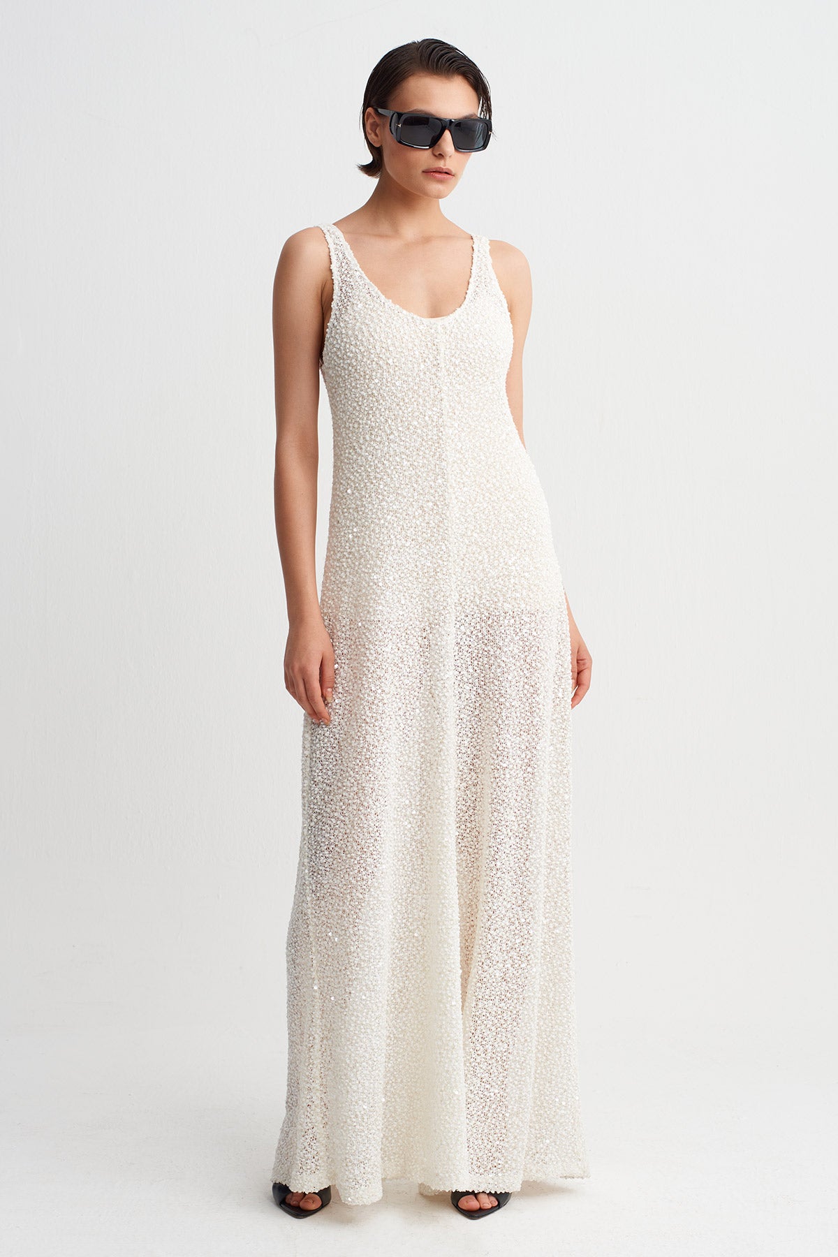 Off White Sequin Knit Maxi Dress-Y264014123