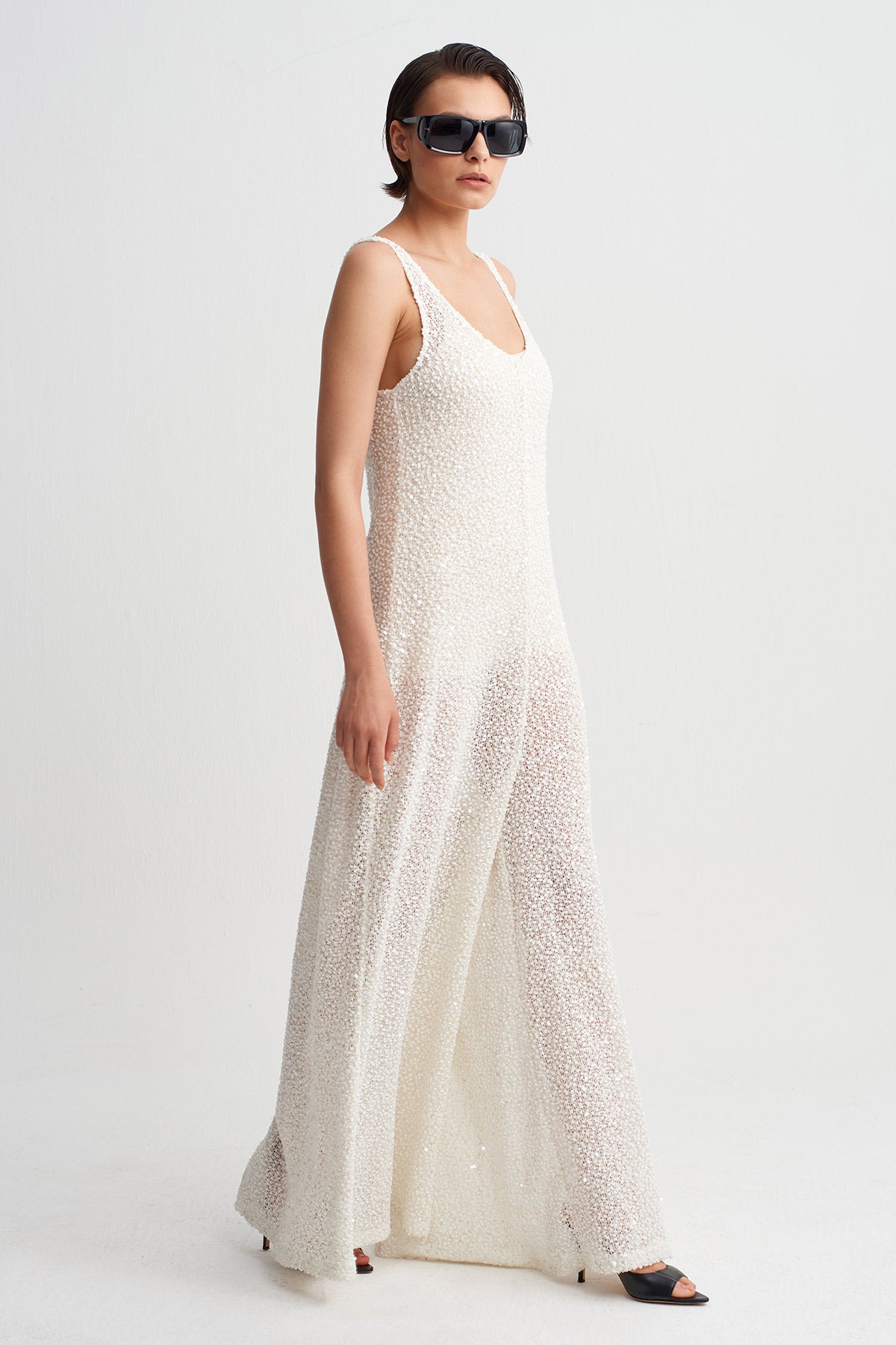 Off White Sequin Knit Maxi Dress-Y264014123