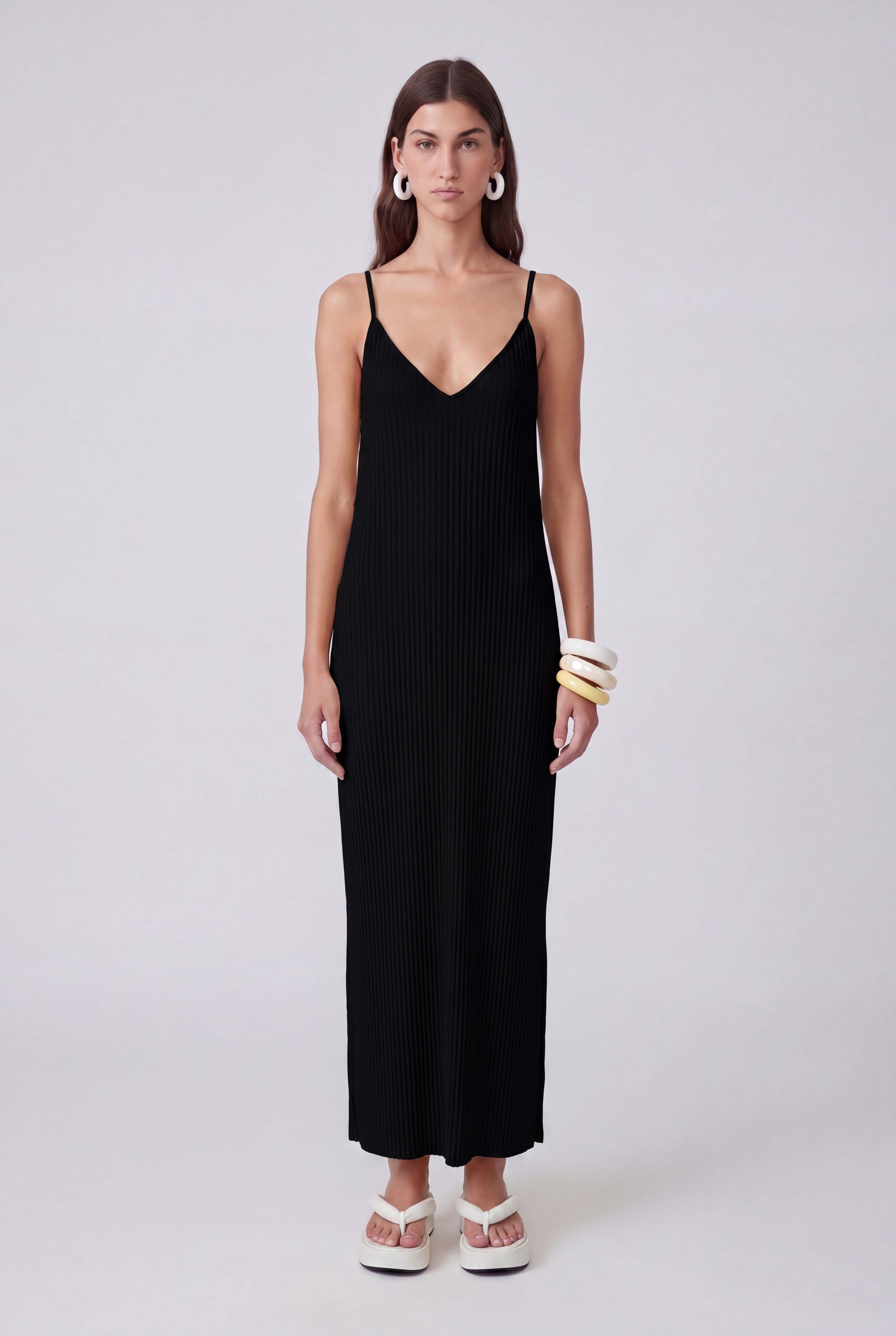 Black Spaghetti Strap Jersey Pleated Dress-Y264014126