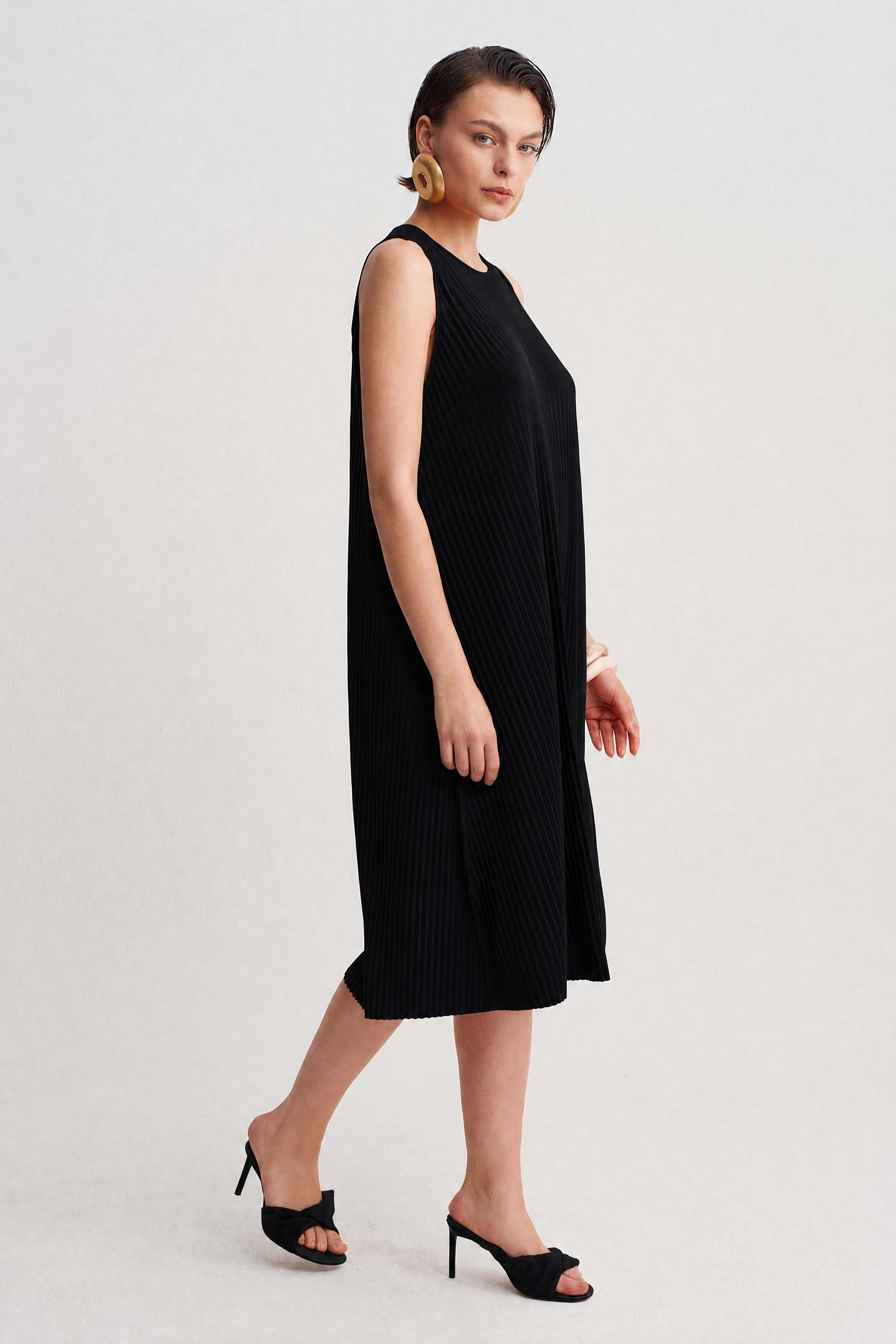Black Jersey Pleated Midi Dress-Y264014127