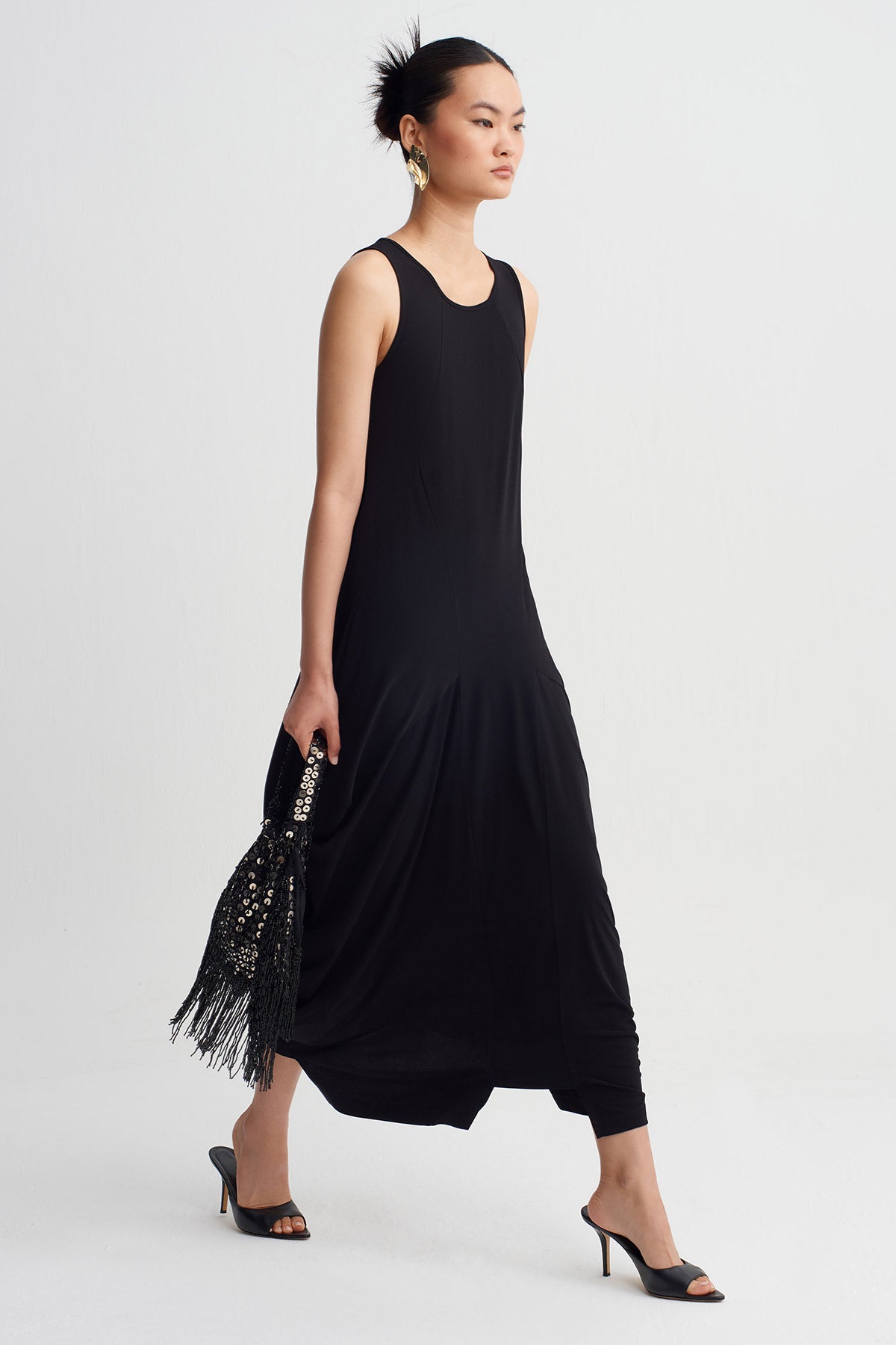 Black Draped Detail Long Jersey Dress-Y264014140