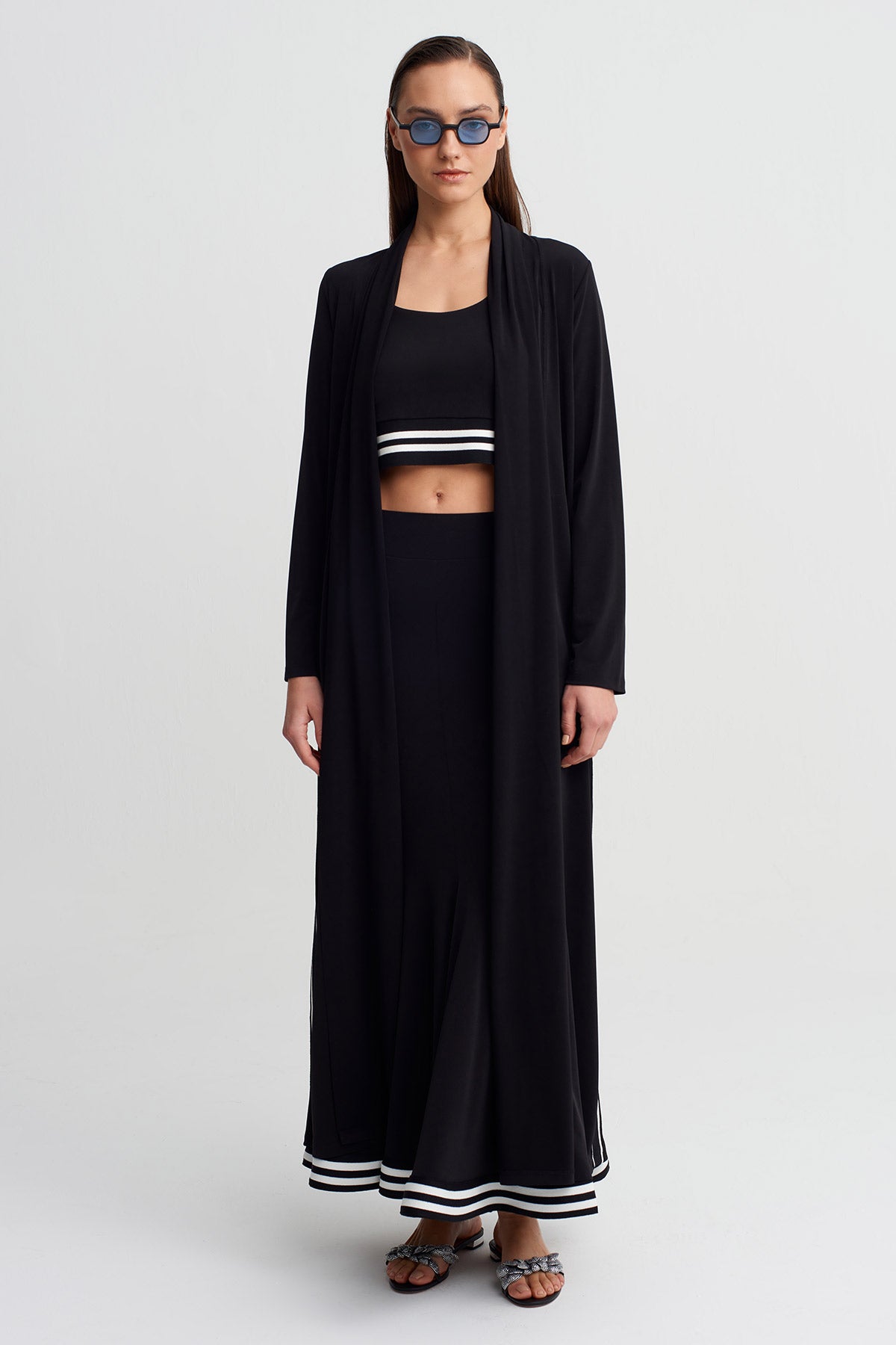 Black Stripe Detailed Long Jersey Cardigan-Y265015002