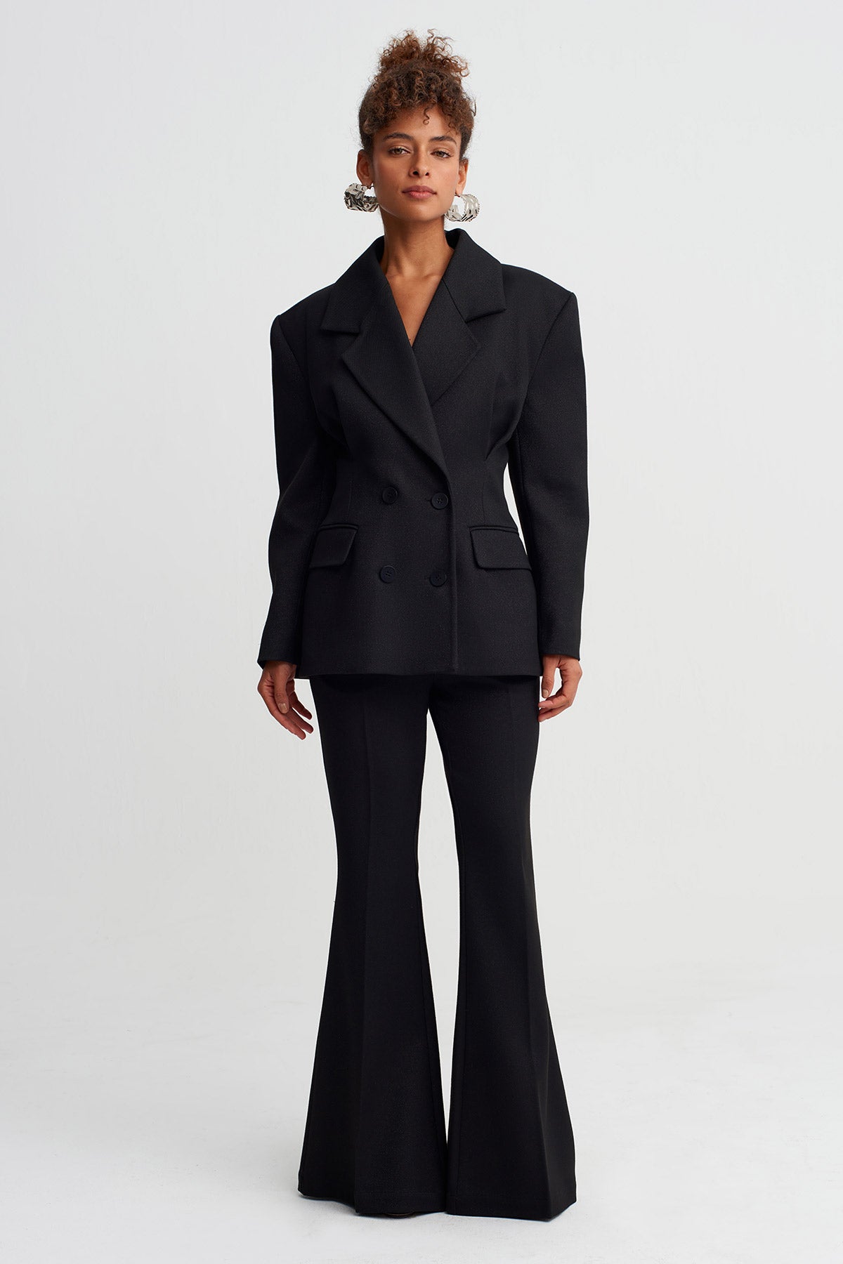 Black Waist-Fitted Double-Breasted Jacket-Y265015020