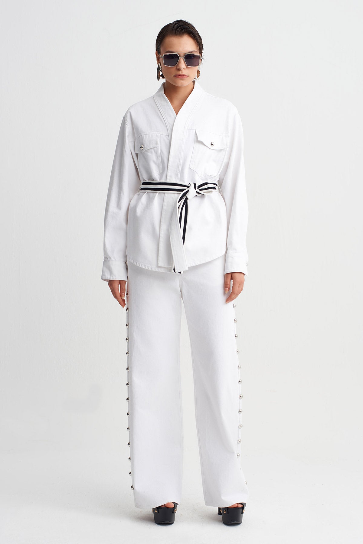 Off White Belted Shirt Jacket-Y265015076