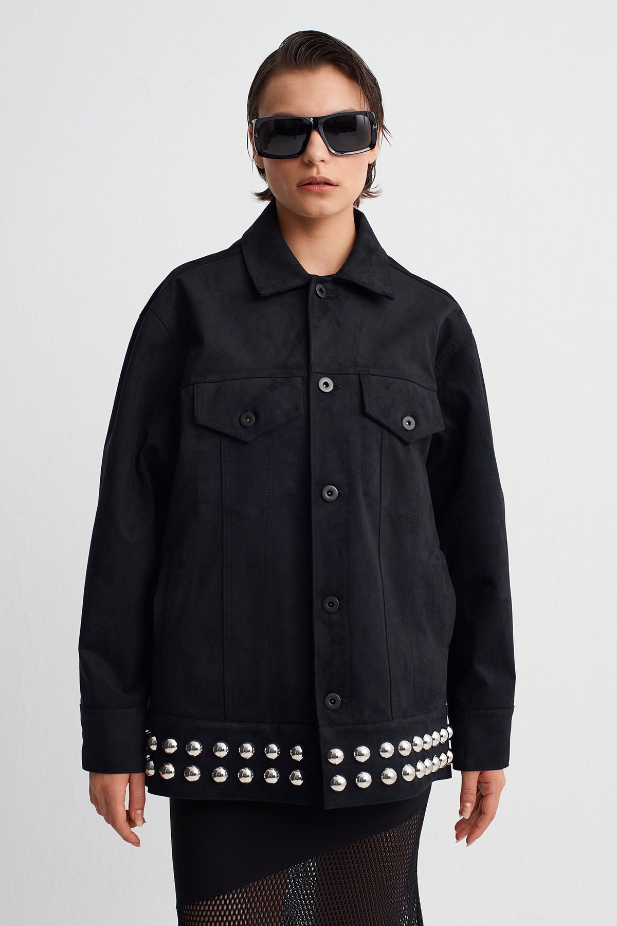 Black Studded Suede-Texture Jacket-Y265015077
