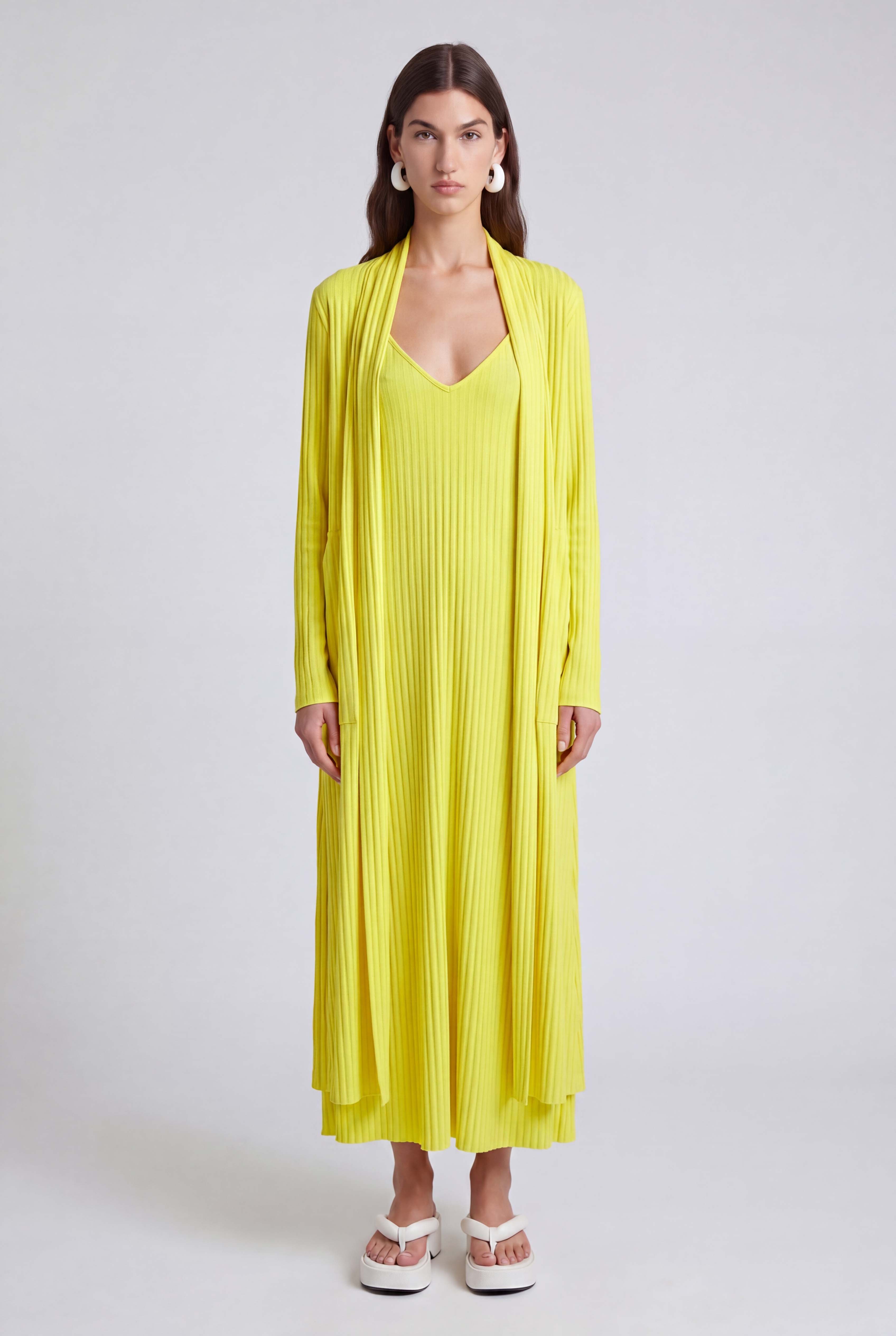 Yellow Long Jersey Pleated Cardigan-Y265015082