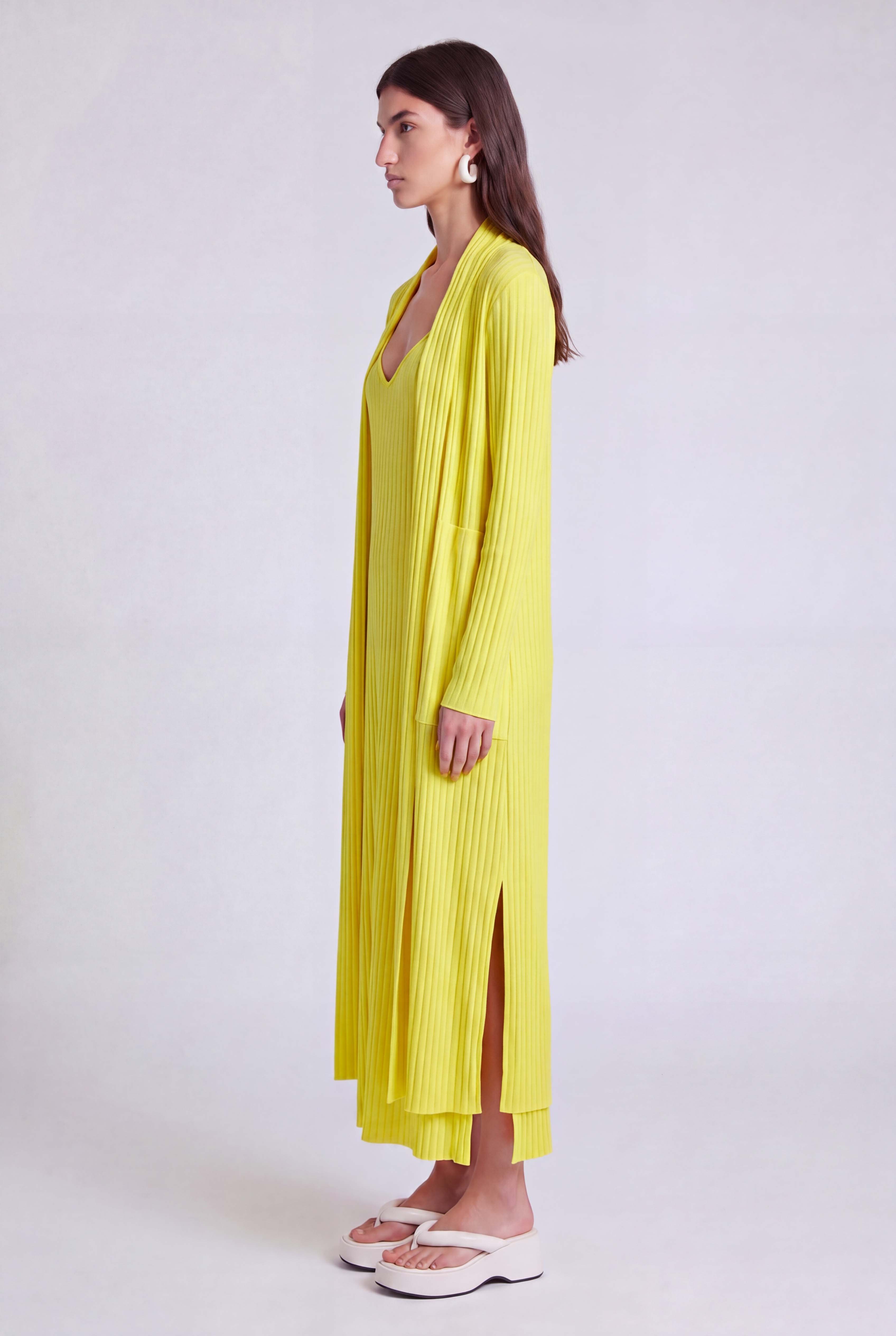 Yellow Long Jersey Pleated Cardigan-Y265015082