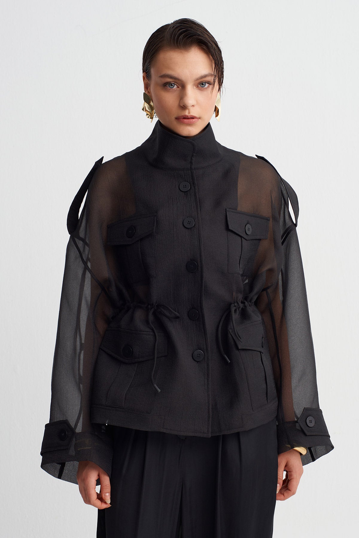 Black Gathered Waist Organza Jacket-Y265015092