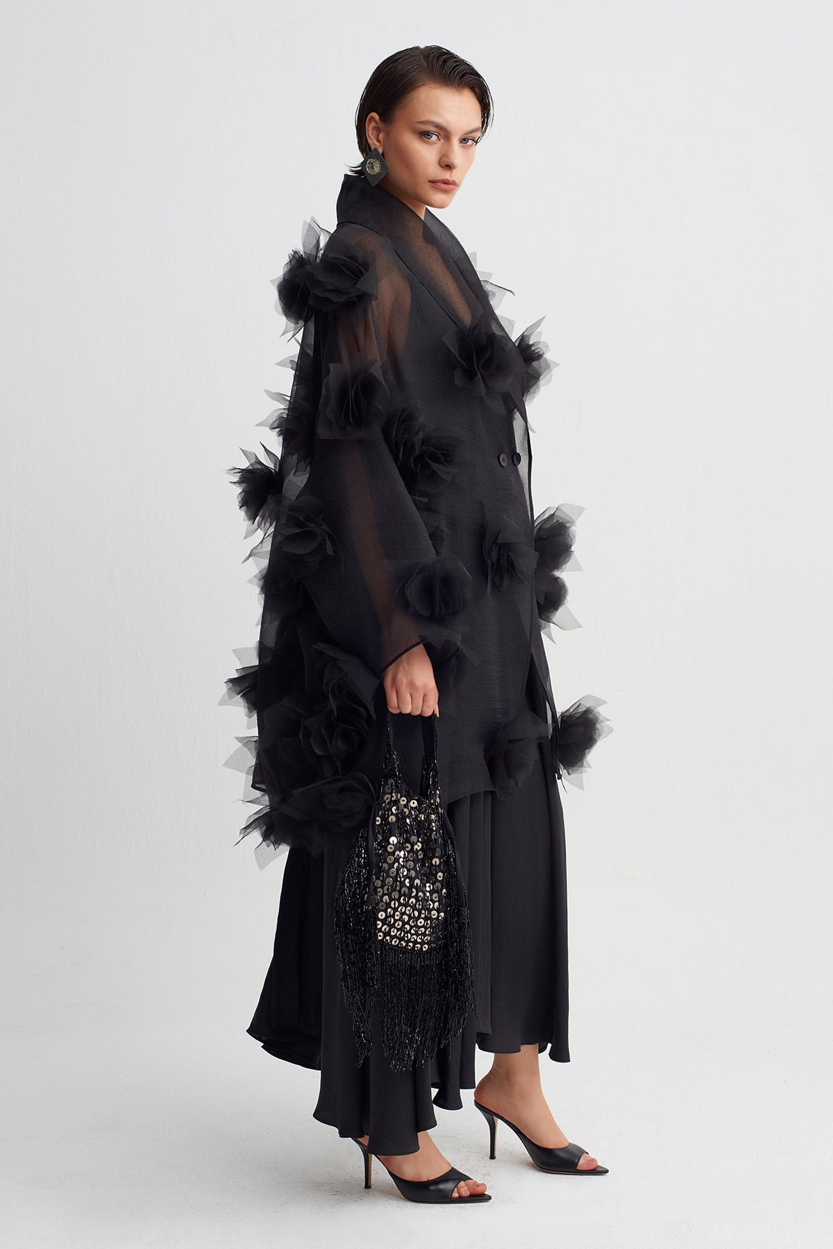 Black Floral Appliqué Organza Jacket-Y265015094