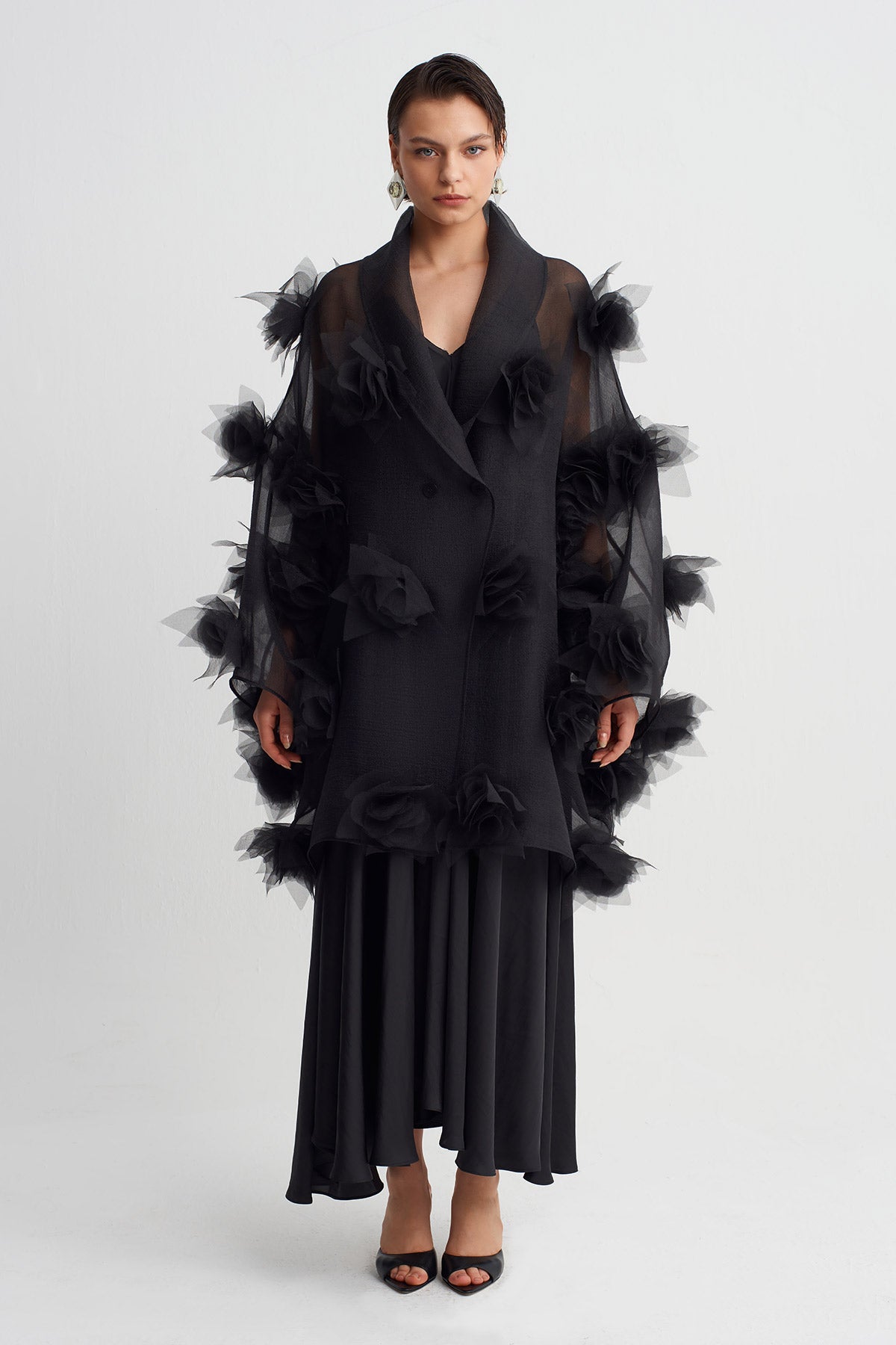 Black Floral Appliqué Organza Jacket-Y265015094
