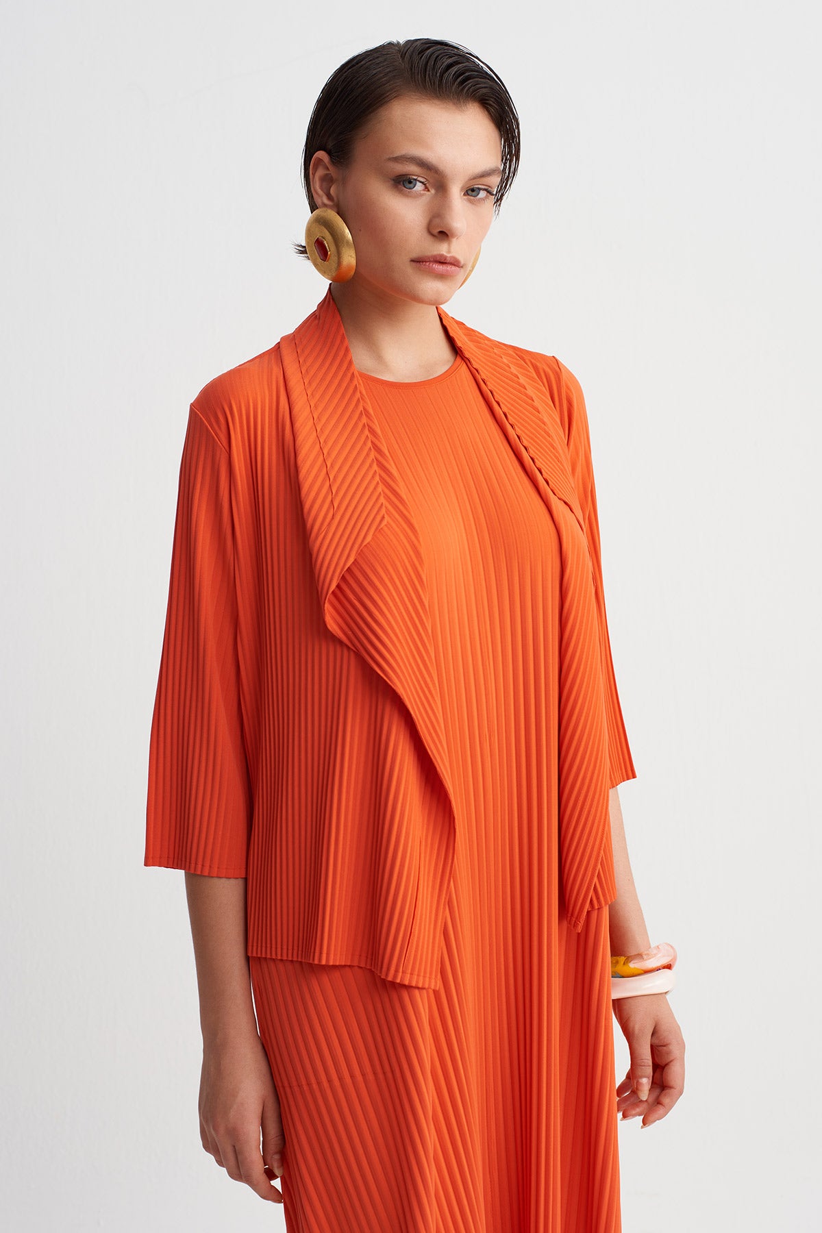 Pomegranade Shawl Collar Jersey Pleated Cardigan-Y265015111