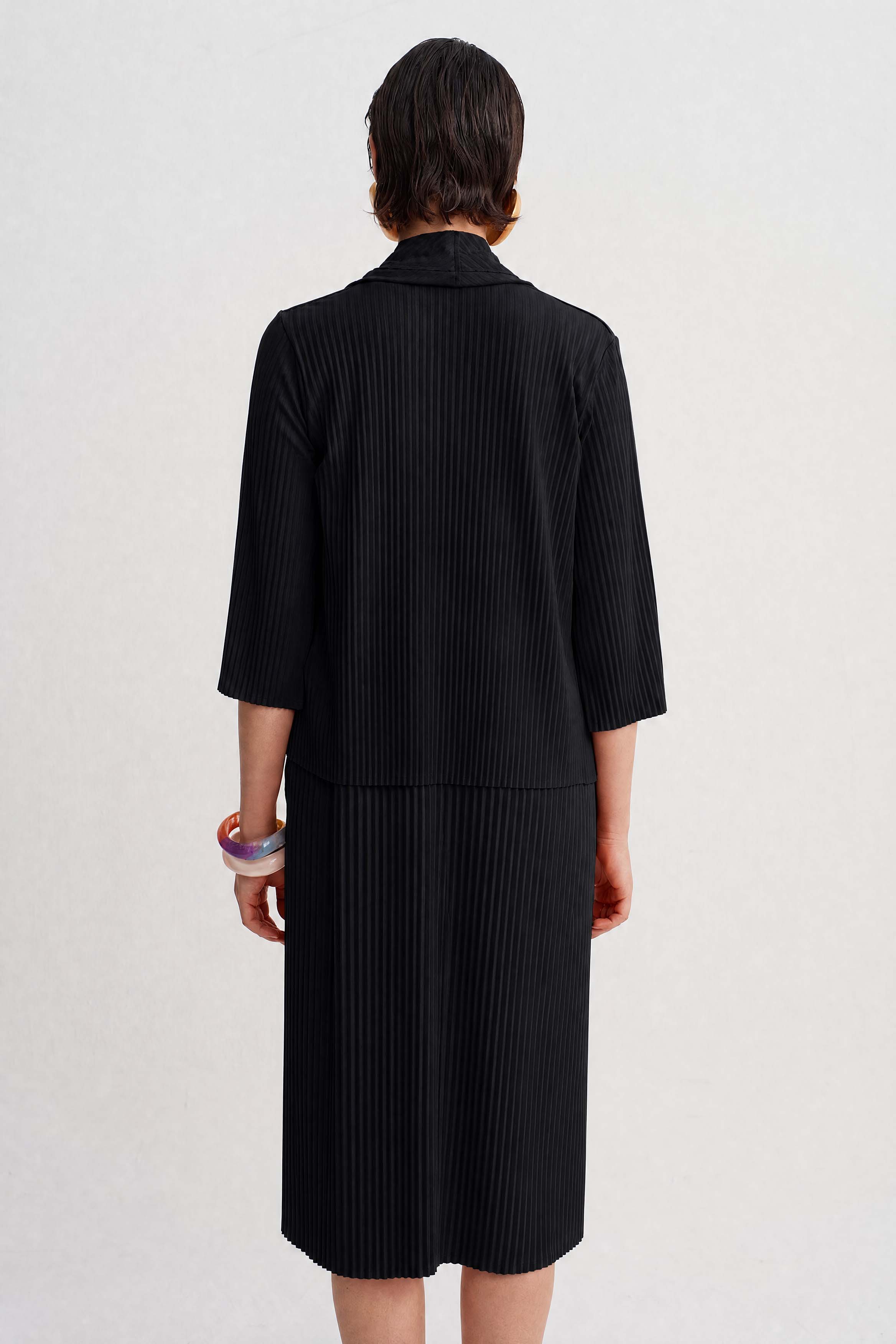 Black Shawl Collar Jersey Pleated Cardigan-Y265015111