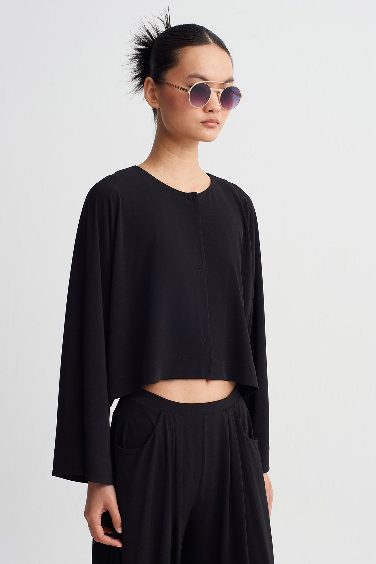 Black Jersey Jacket with Hidden Snap Closure-Y265015118