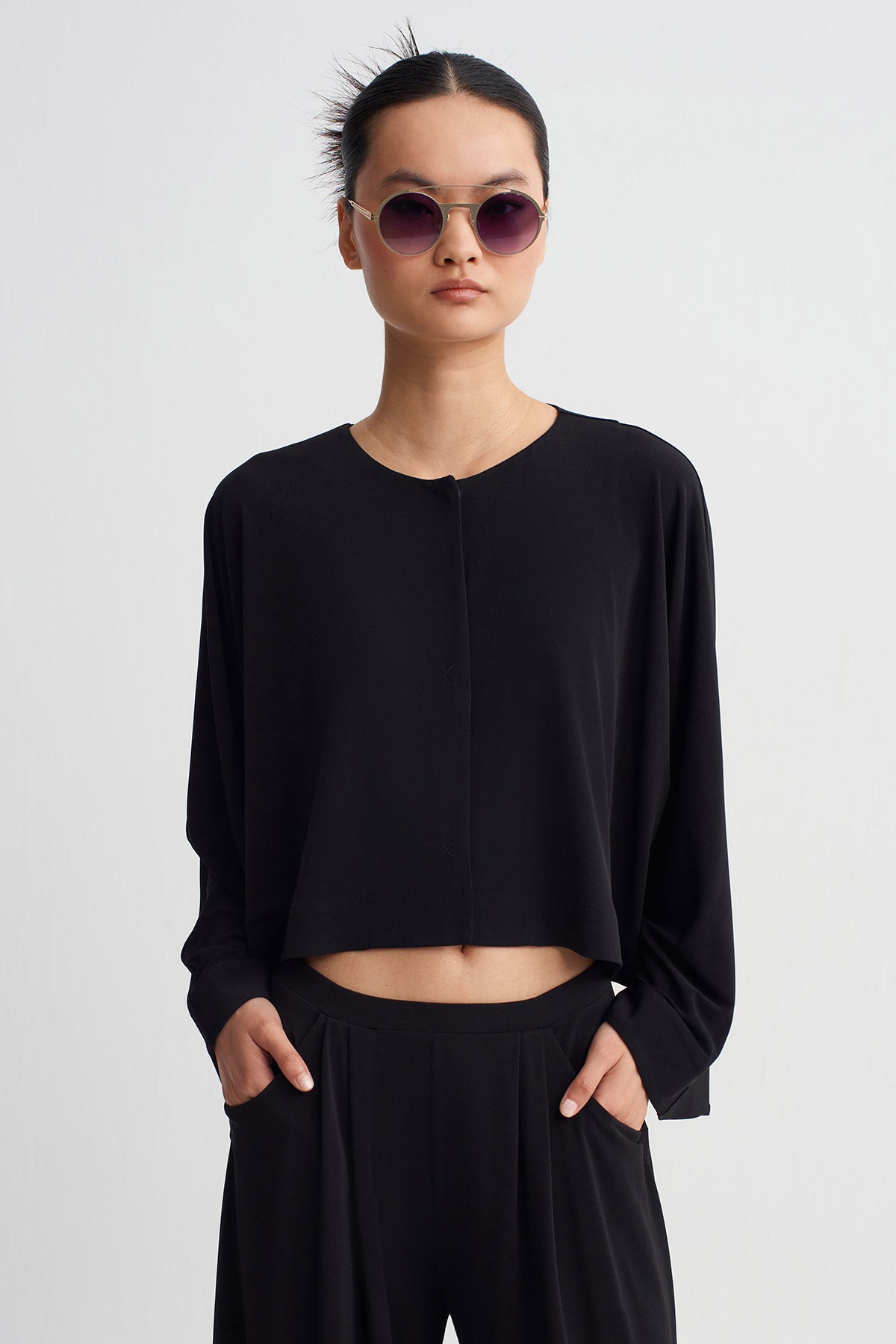 Black Jersey Jacket with Hidden Snap Closure-Y265015118