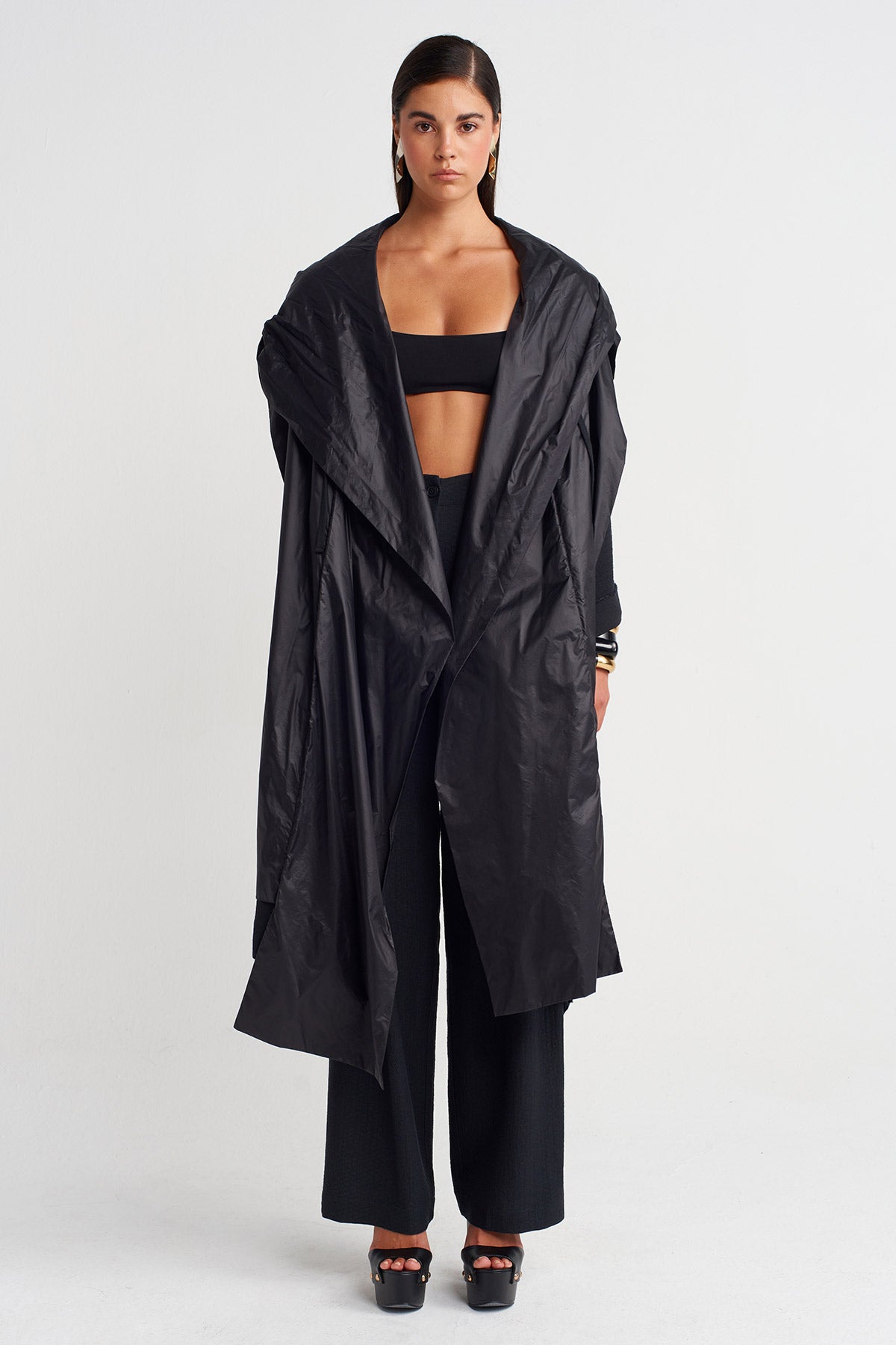 Black / Black Hooded Draped Shawl-Y266016004