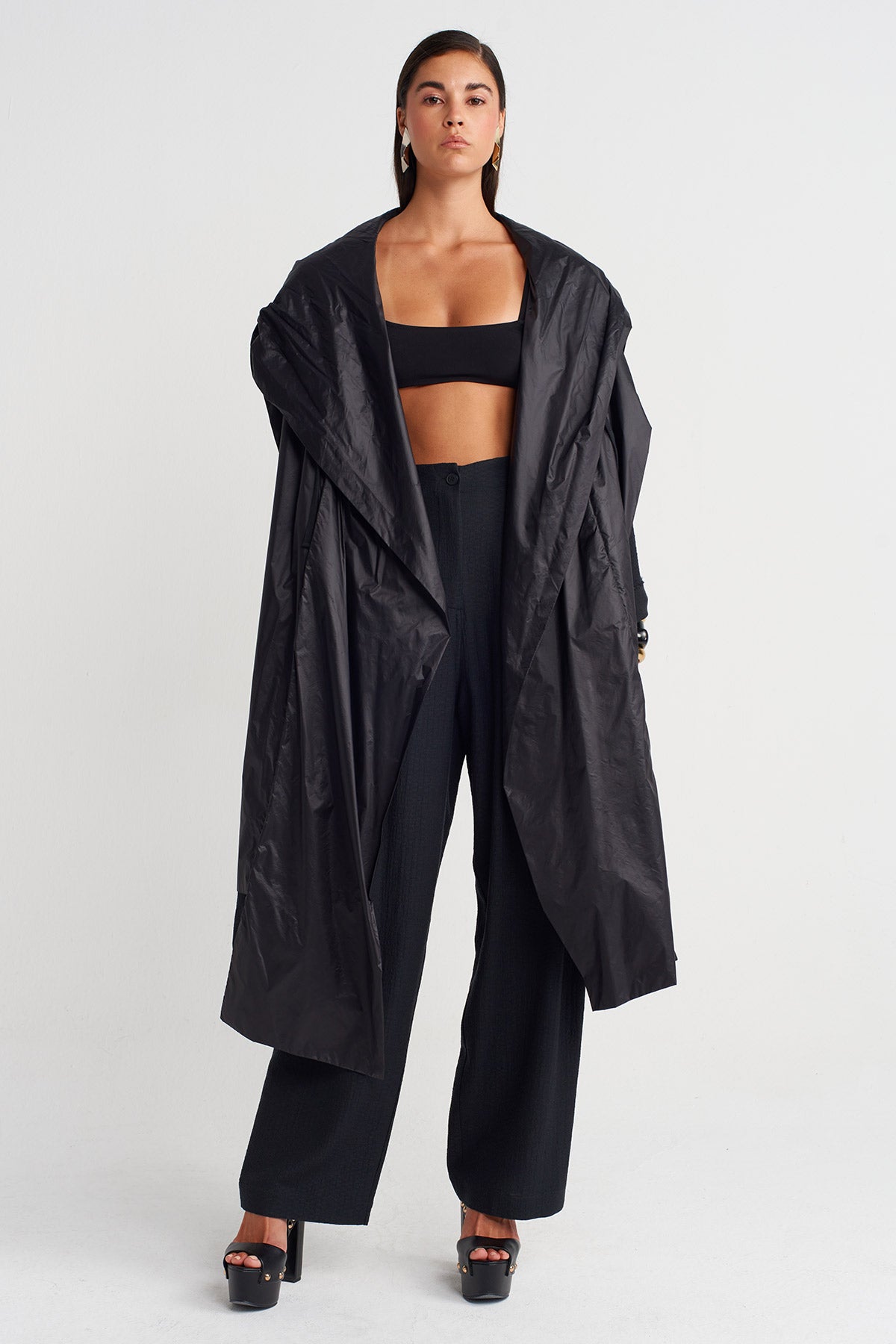 Black / Black Hooded Draped Shawl-Y266016004