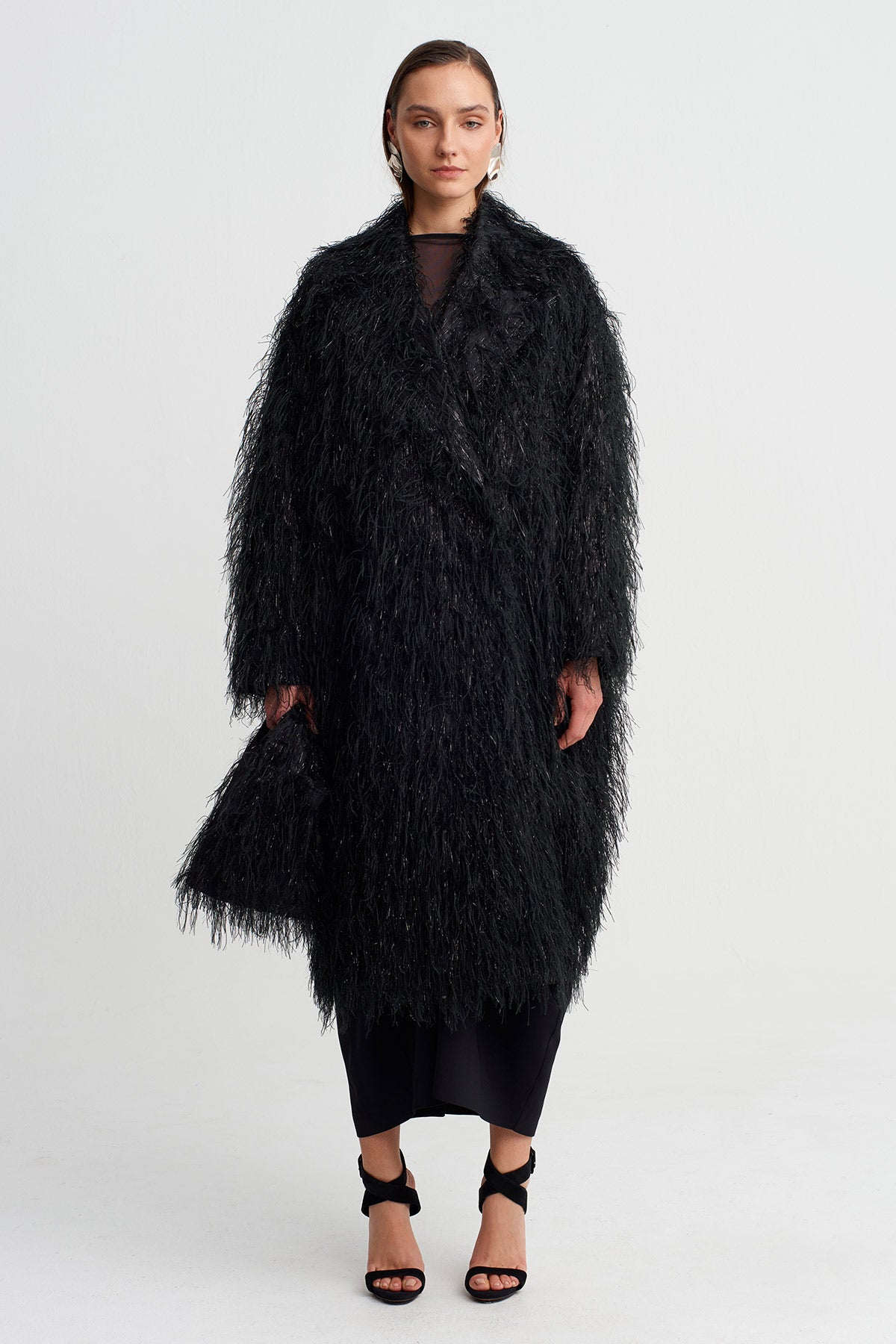 Black Long Textured Faux Fur Oversize Coat-Y267017008