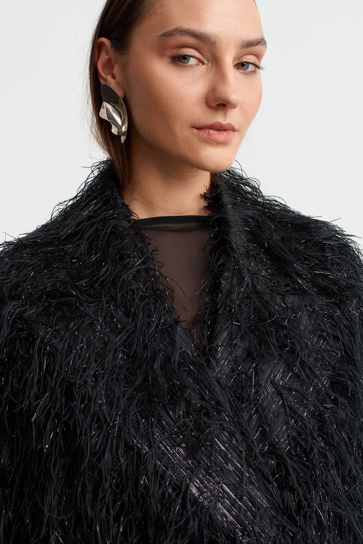Black Long Textured Faux Fur Oversize Coat-Y267017008