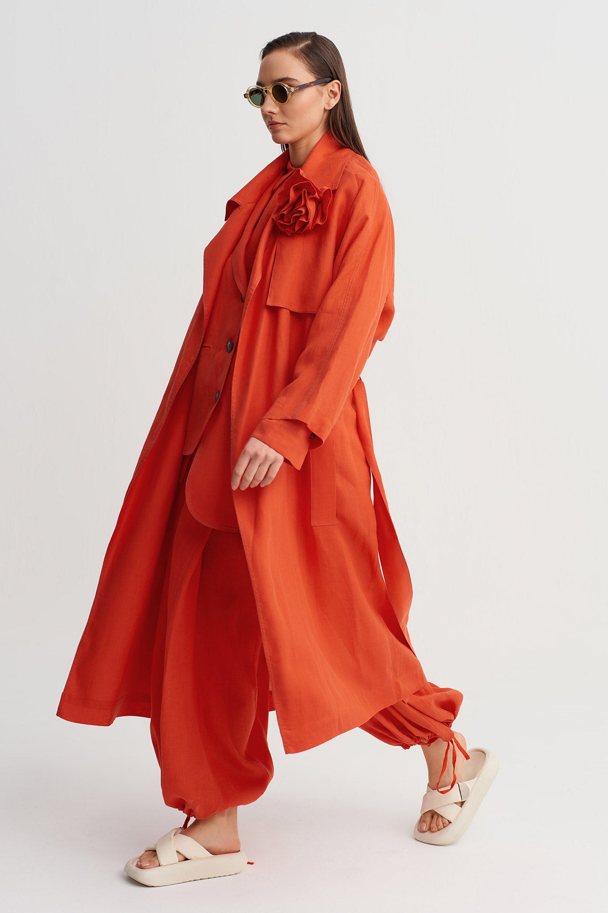 Pomegranade Floral Collar Linen Trench-Y267017013