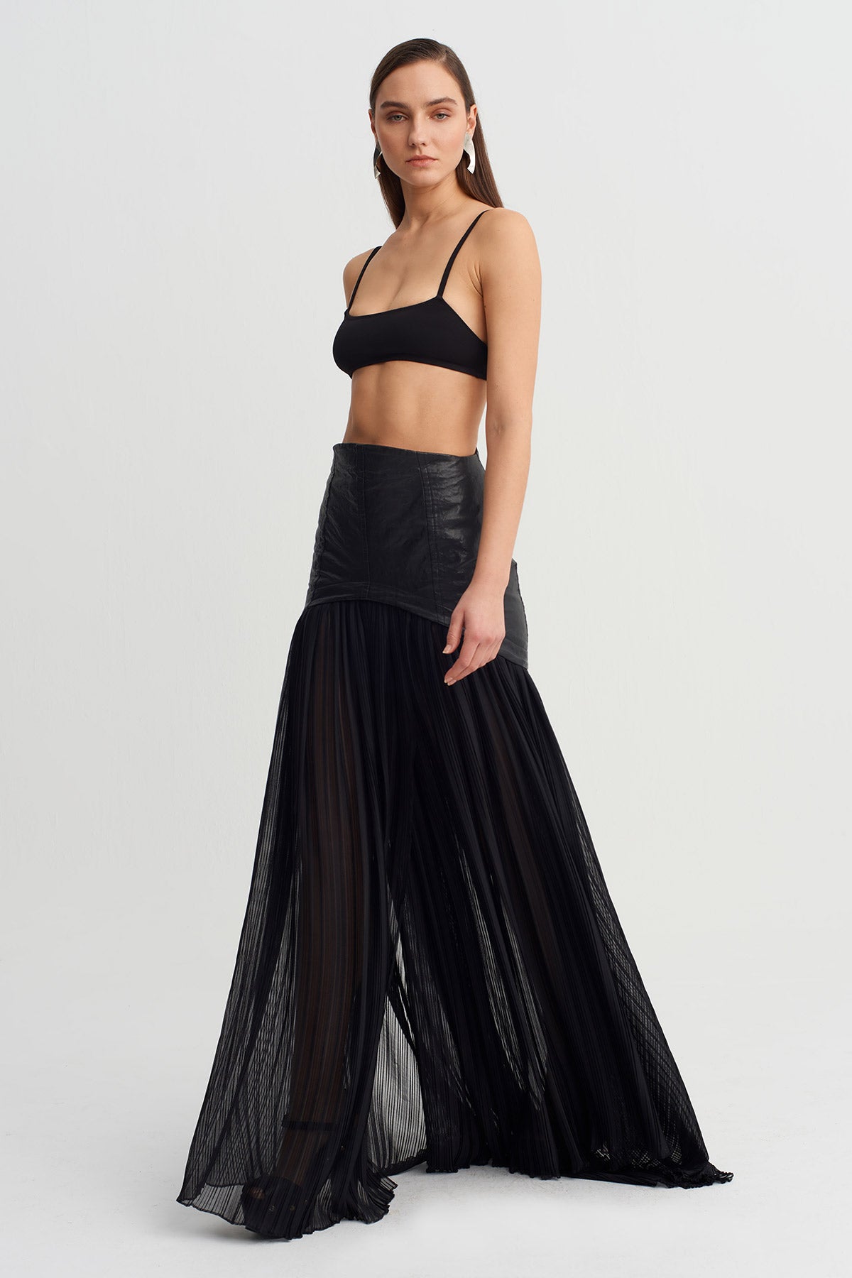 Black Leather Panel Pleated Tulle Skirt-Y262012011