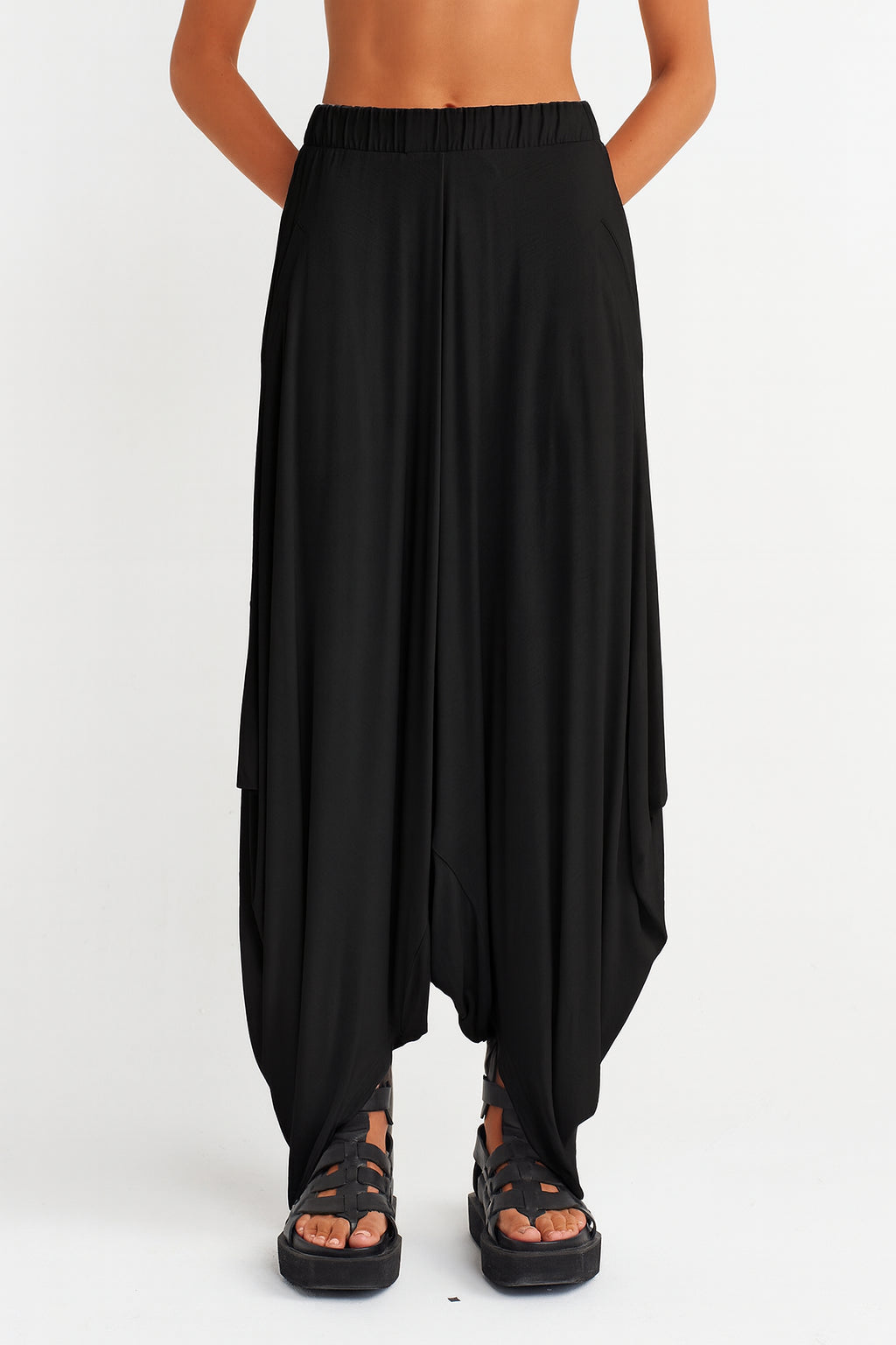 Black Draped Bamboo Harem Pants-Y263013005