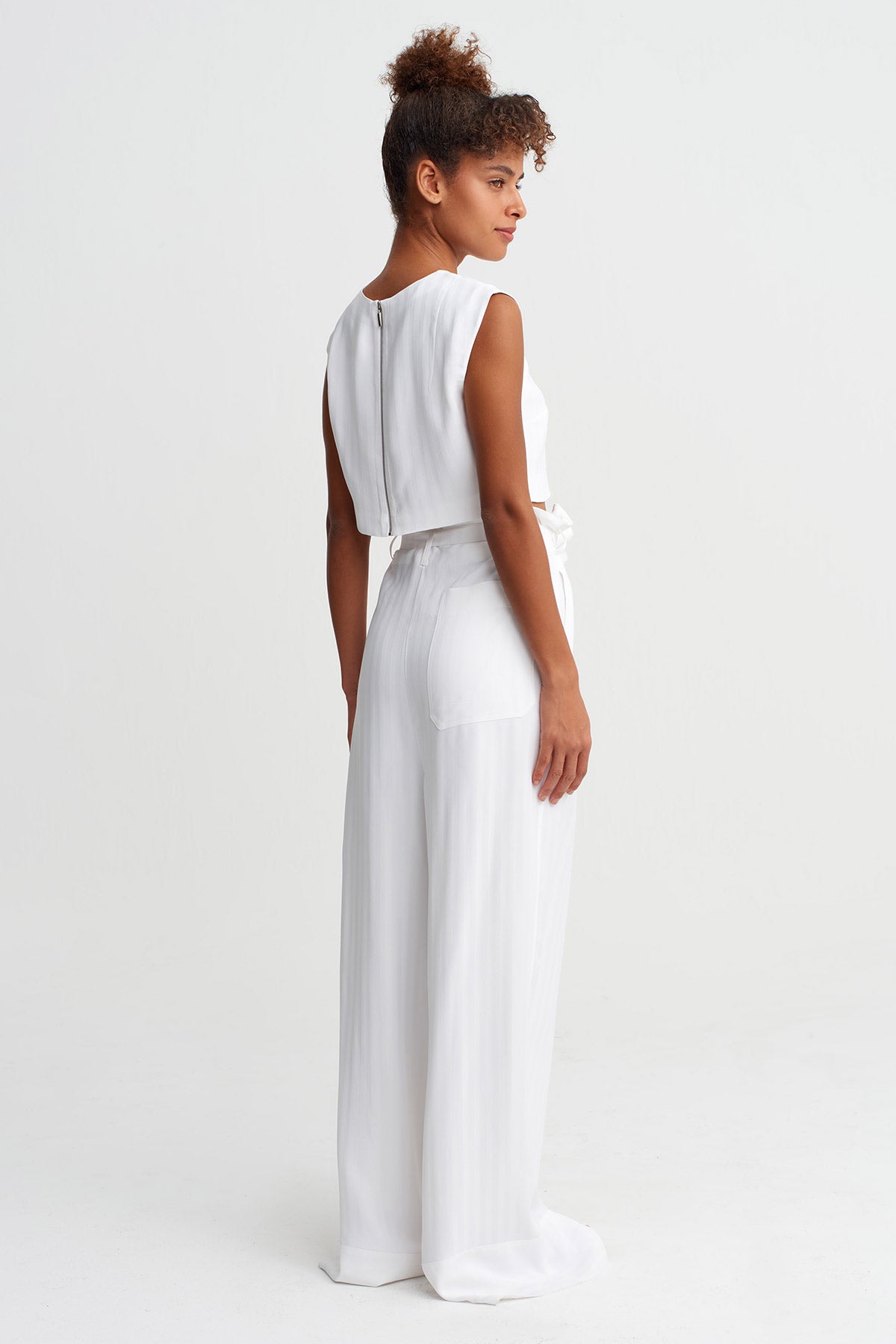 Off White Tonal Striped Tie-Waist Wide-Leg Trousers-Y263013034