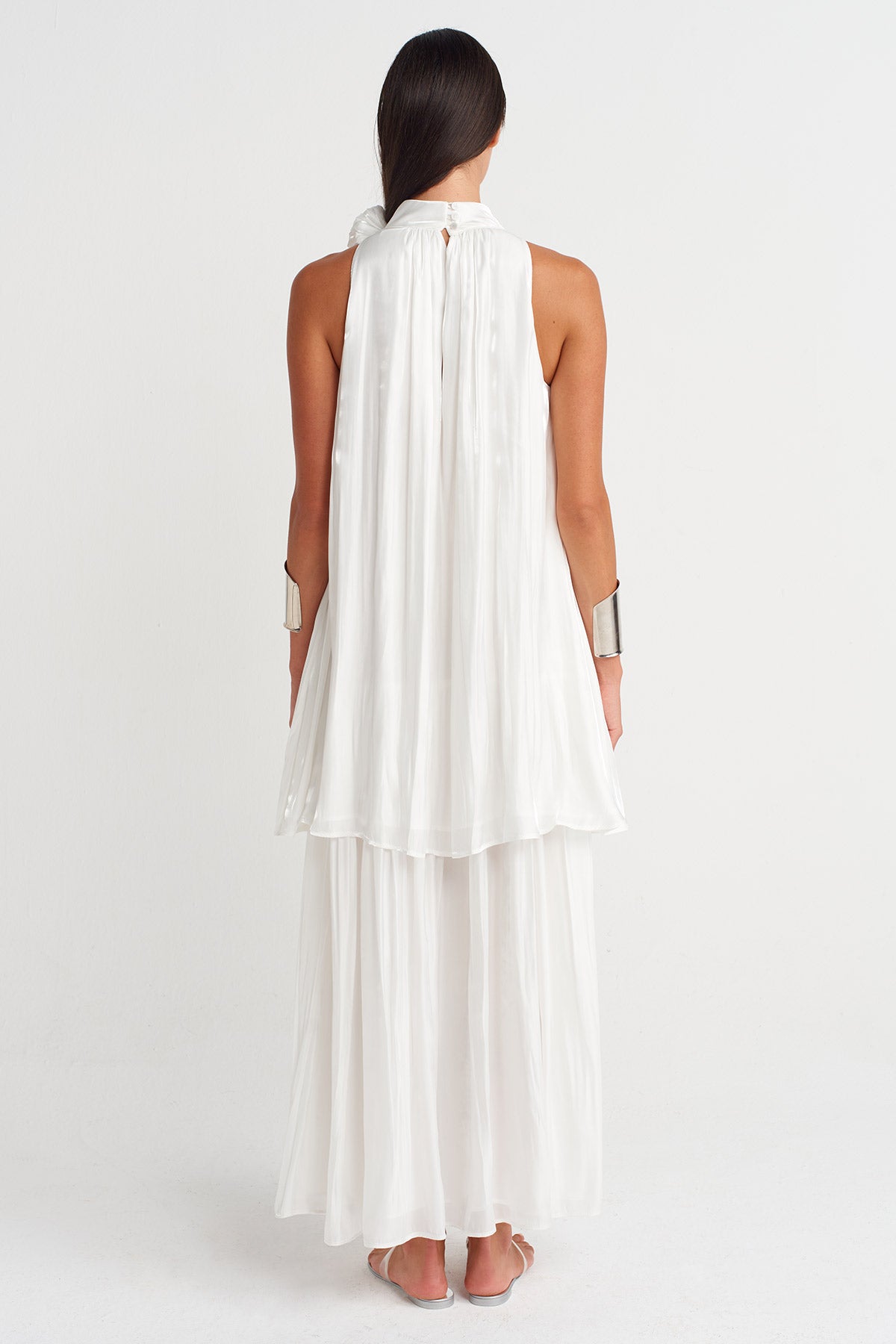 Off White Satin Dress with Floral Neck Detail-Y264014019