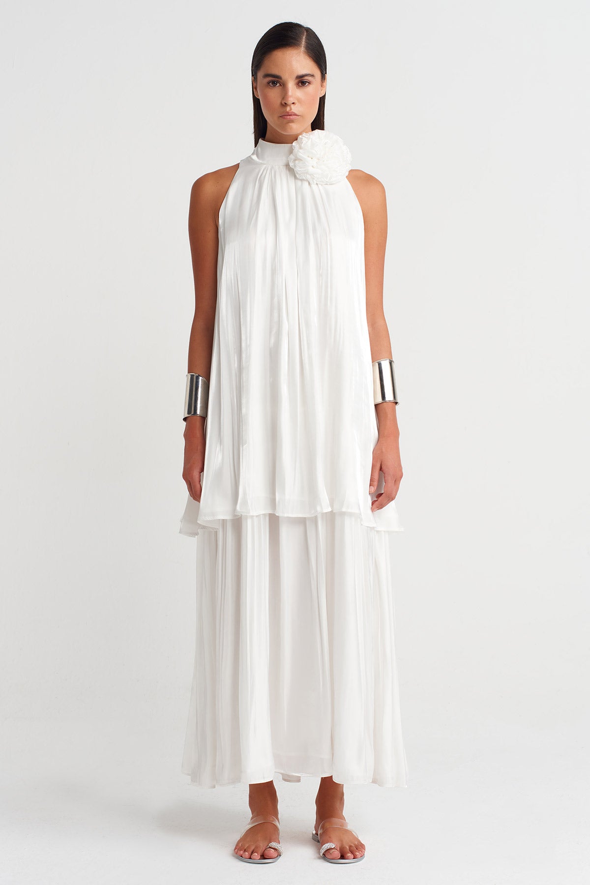 Off White Satin Dress with Floral Neck Detail-Y264014019