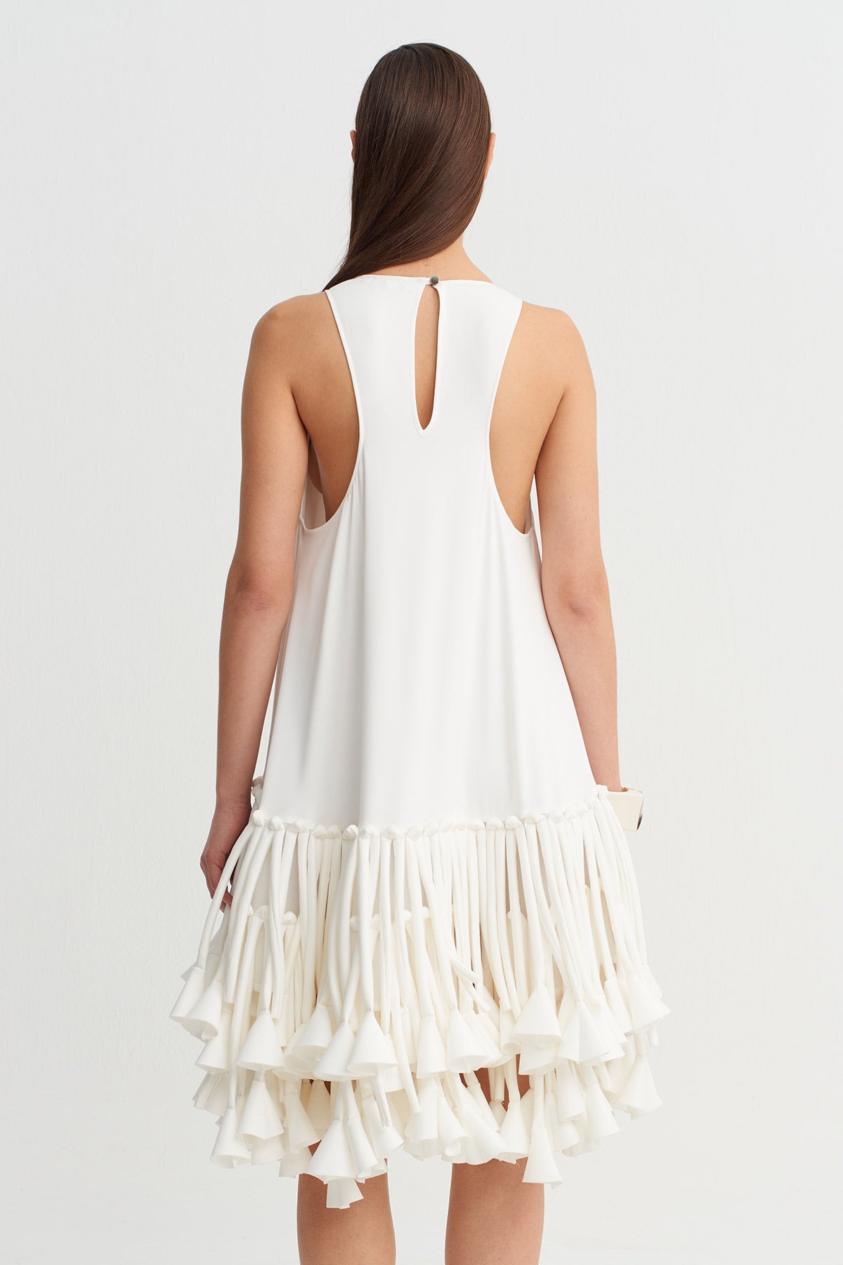 Off White Dress with Fabric Strip Appliqué Detail-Y264014034