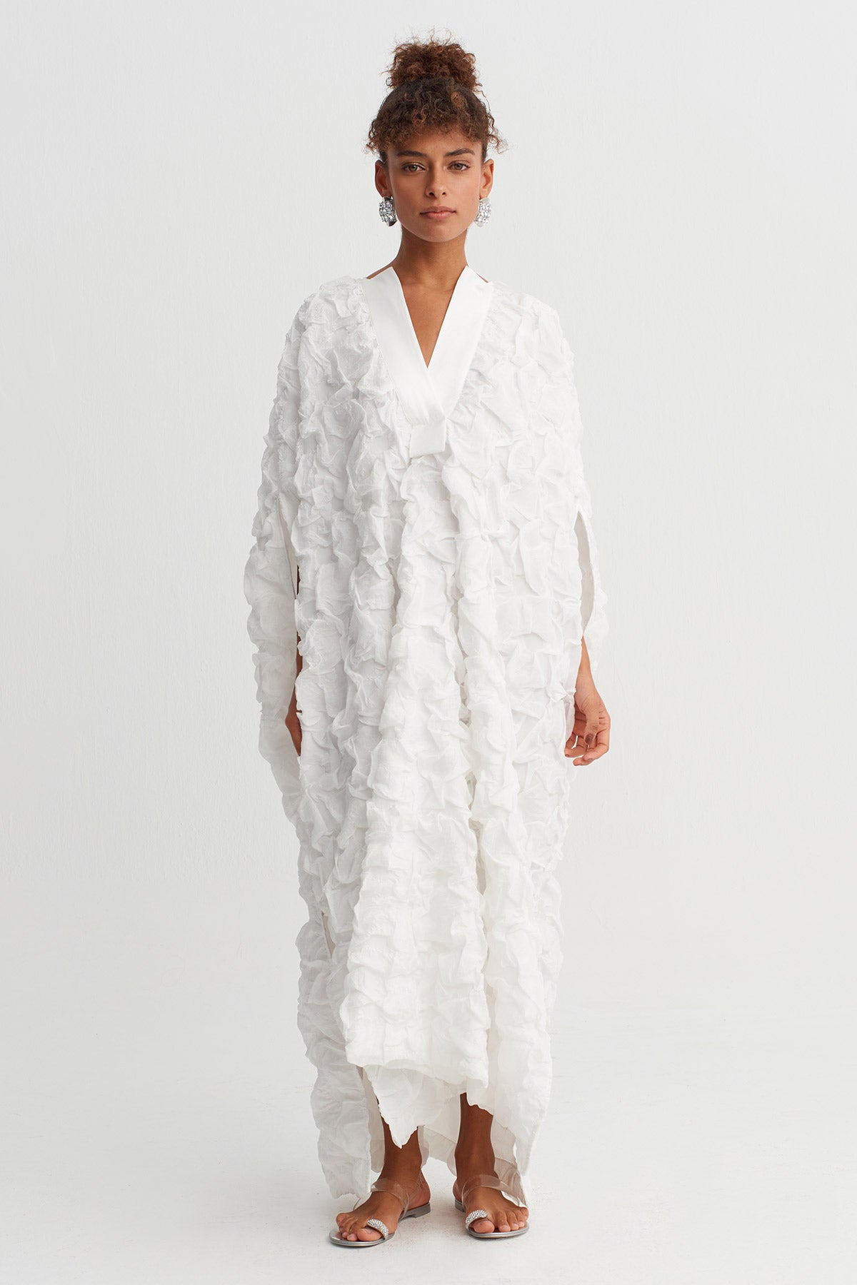 Off White Textured V-Neck Long Dress-Y264014046