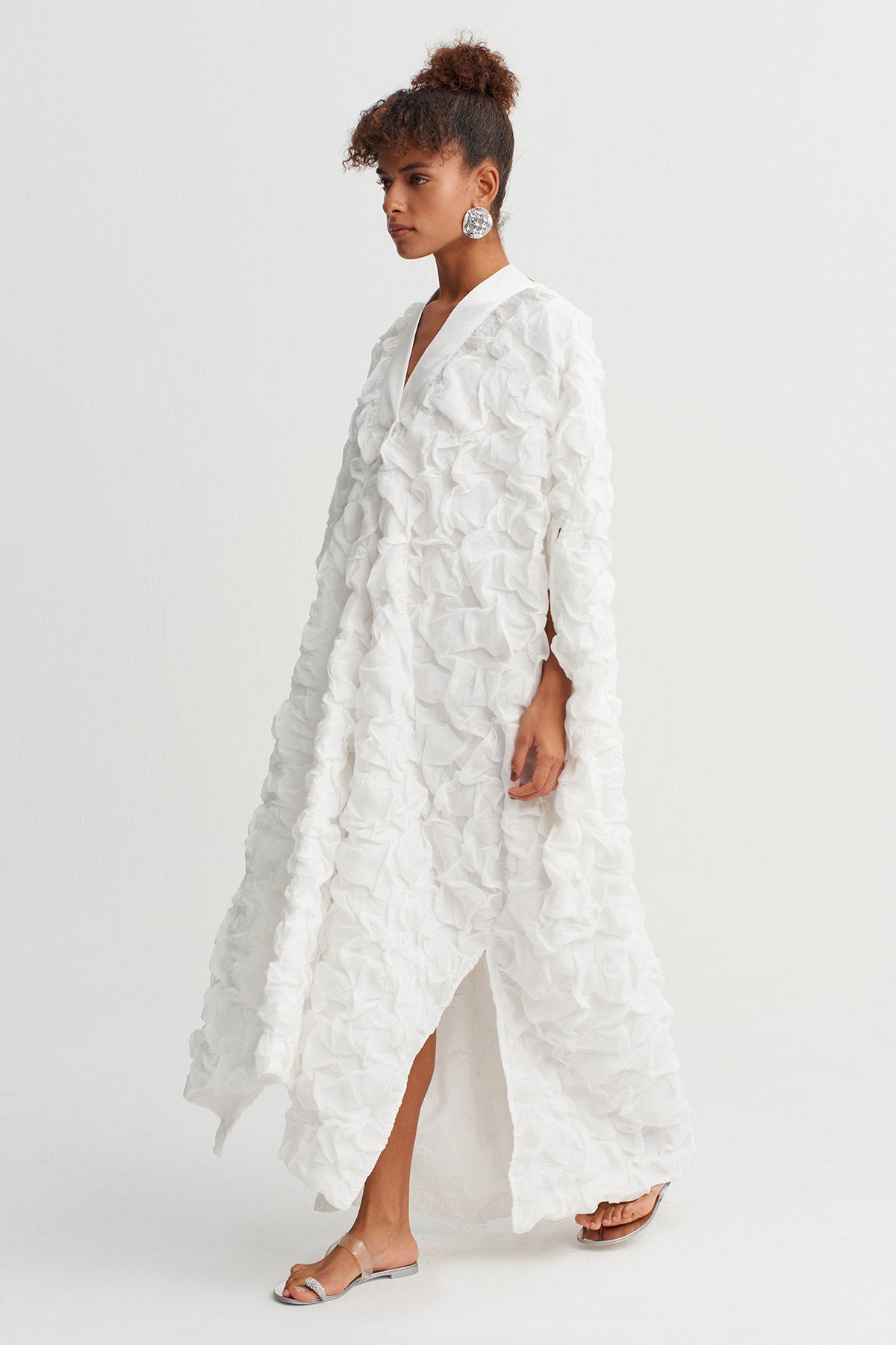 Off White Textured V-Neck Long Dress-Y264014046