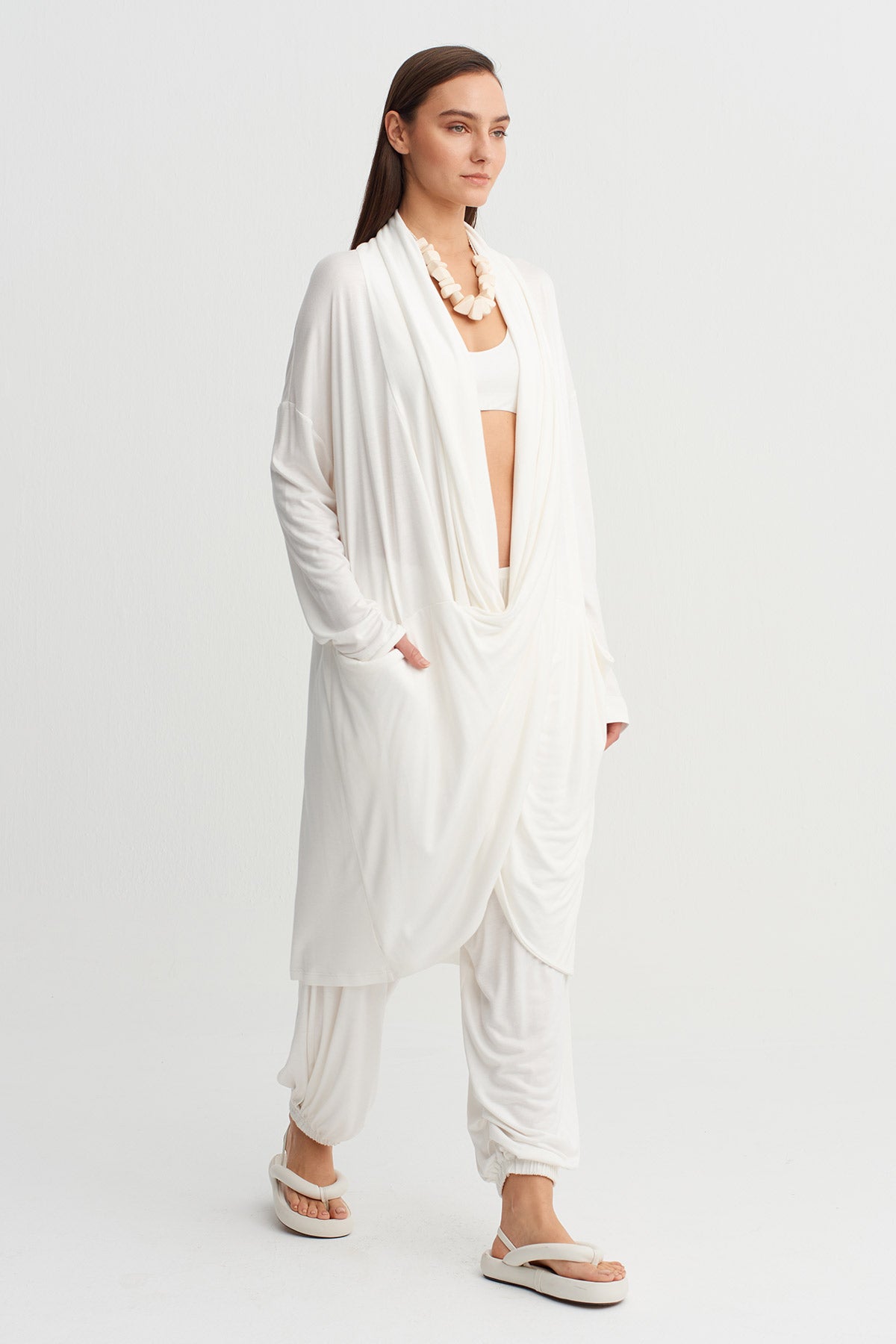 Off White Draped Neck Long Dress-Y264014047