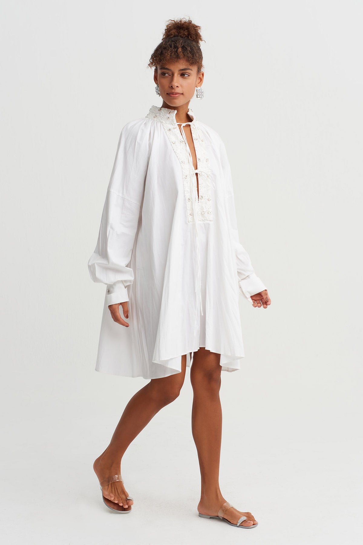 Off White Embroidered Tie-Neck Oversized Mini Dress-Y264014051