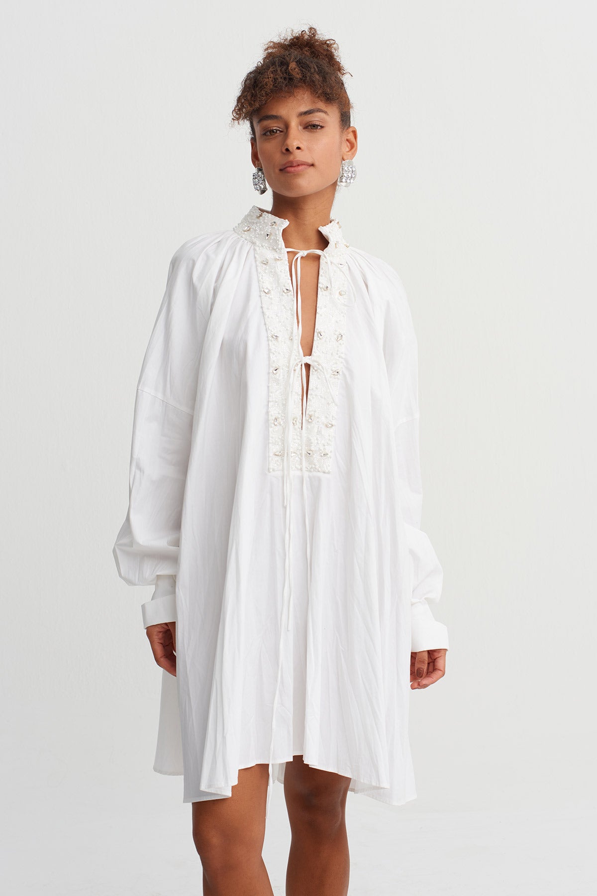 Off White Embroidered Tie-Neck Oversized Mini Dress-Y264014051