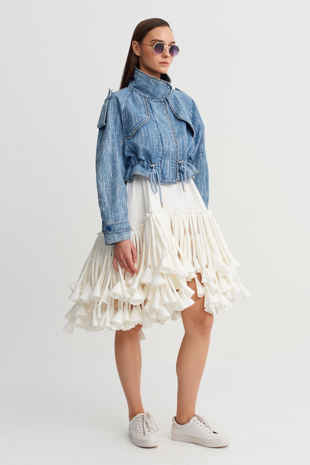 Indigo High-Neck Drawstring Denim Jacket-Y265015027