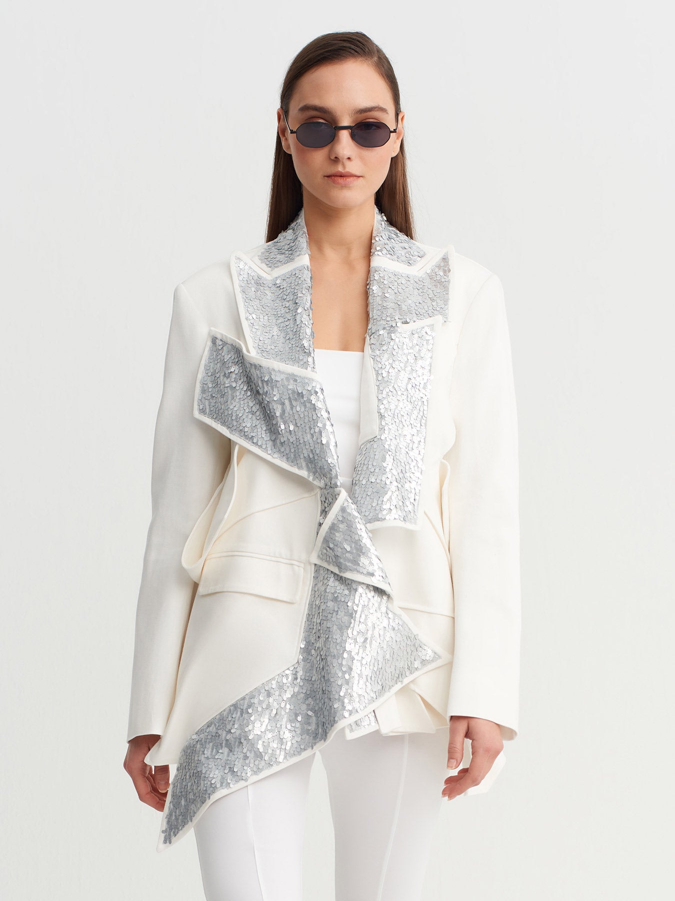 White / Silver Asymmetric Sequin-Panel Jacket-Y265015028