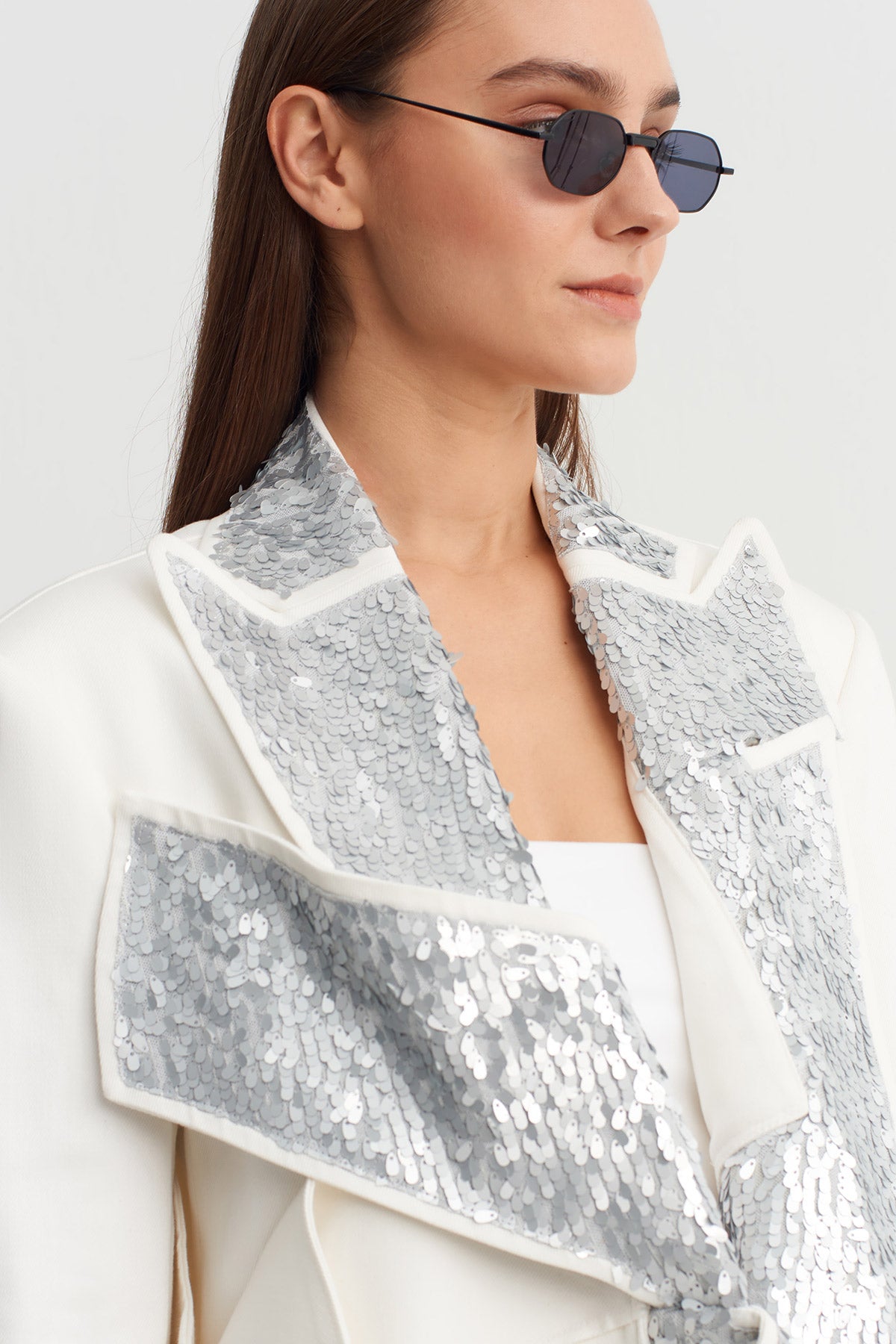 White / Silver Asymmetric Sequin-Panel Jacket-Y265015028