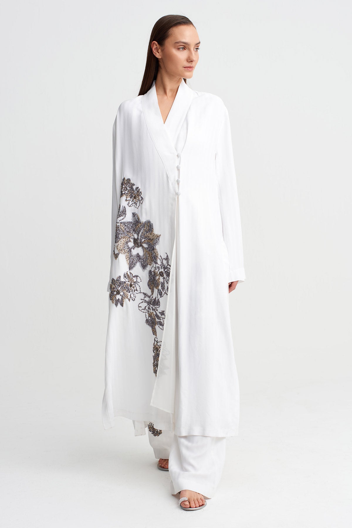 Off White Embroidered Long Kimono-Y265015034