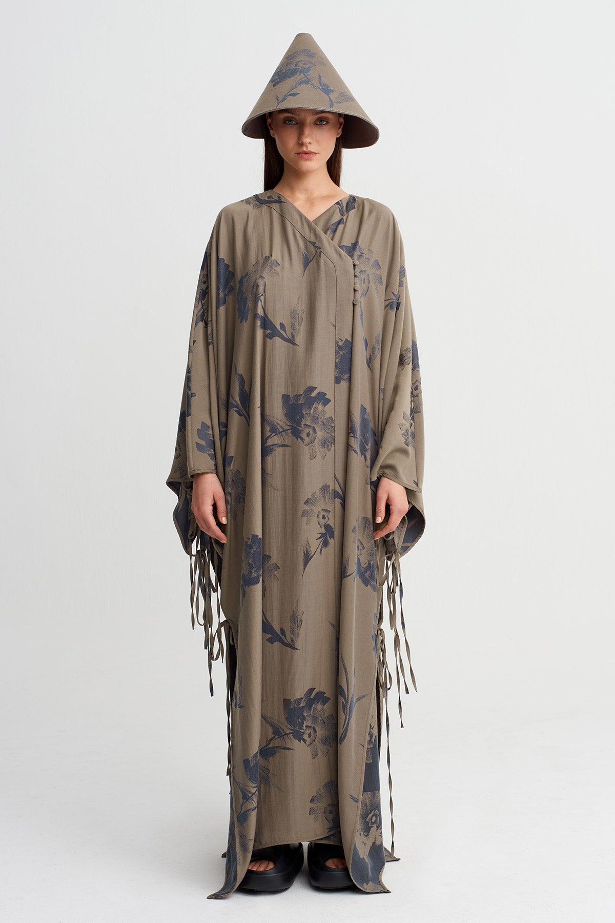 Kahve/Gri Patterned Long Kimono Jacket-Y265015035