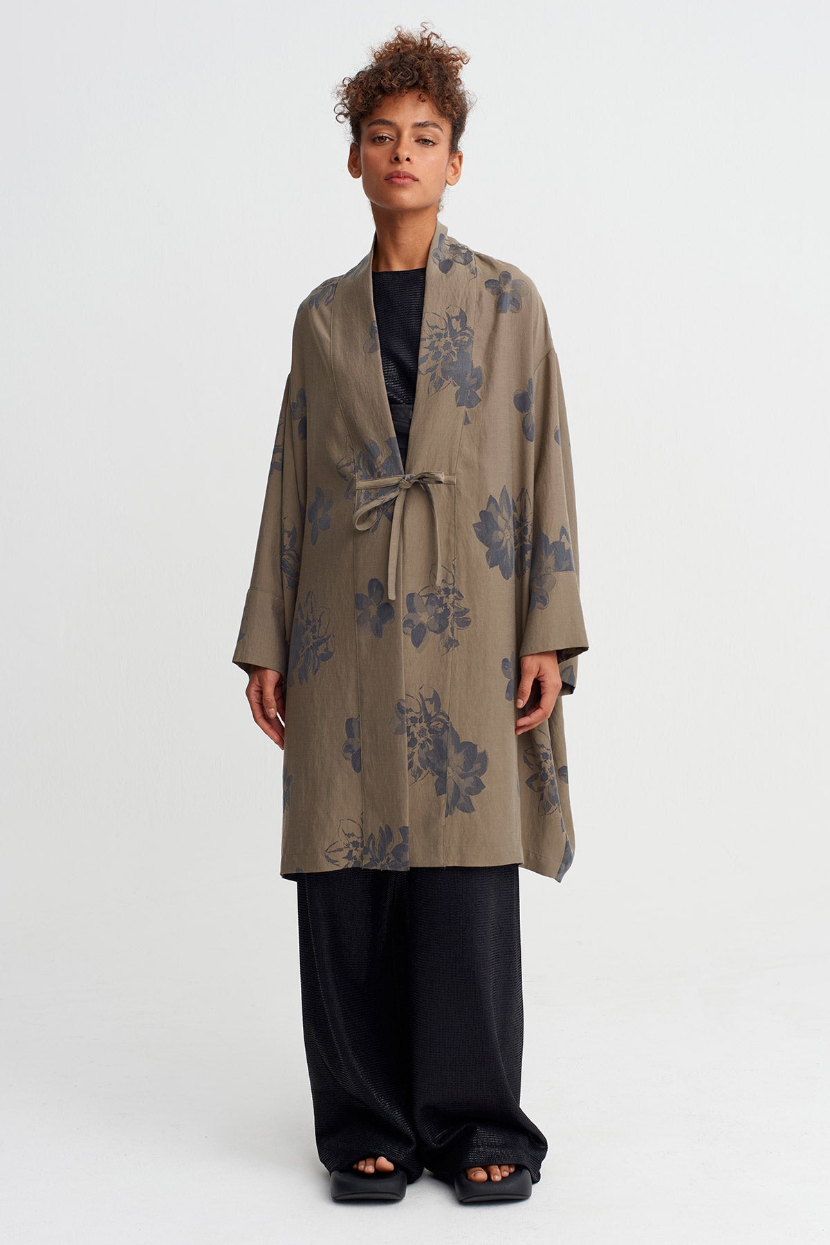 Kahve/Gri Patterned Tie-Front Kimono Jacket-Y265015036