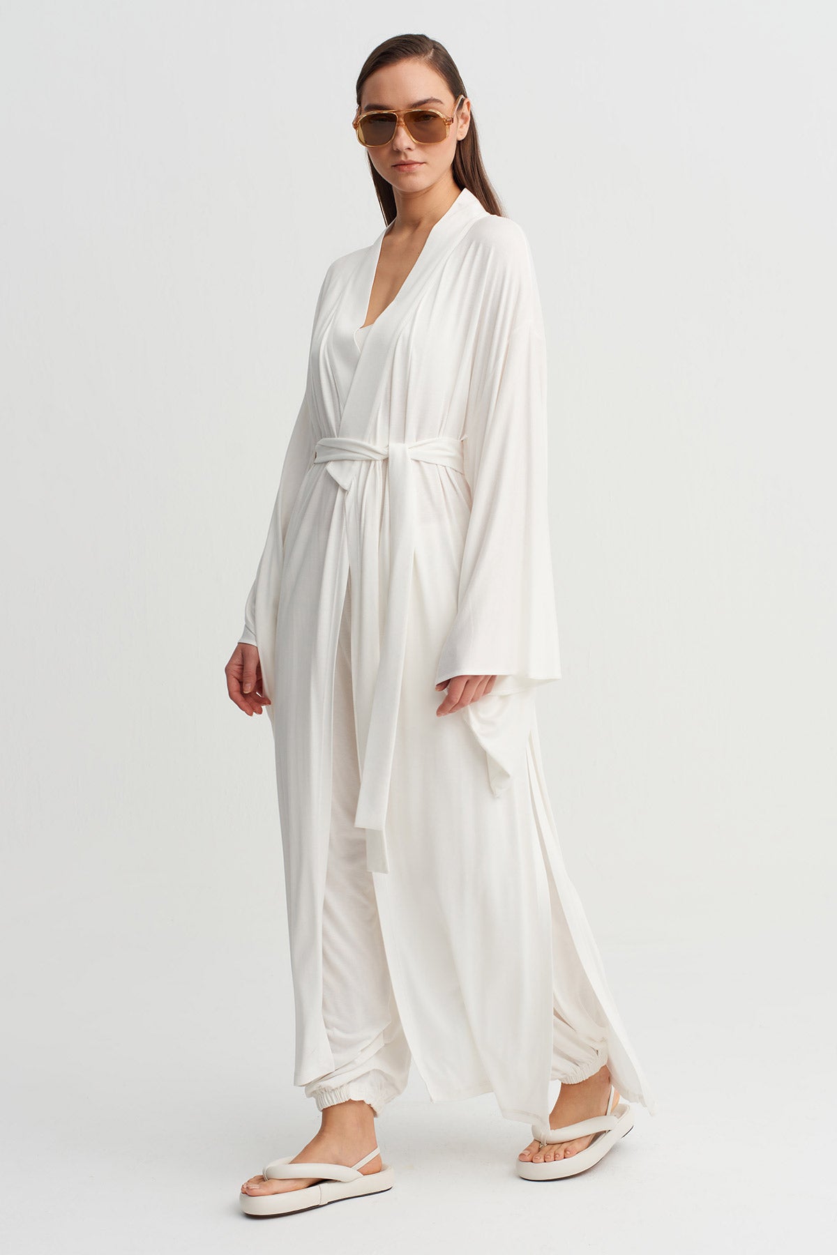 Off White Long Tie-Waist Kimono-Y265015039