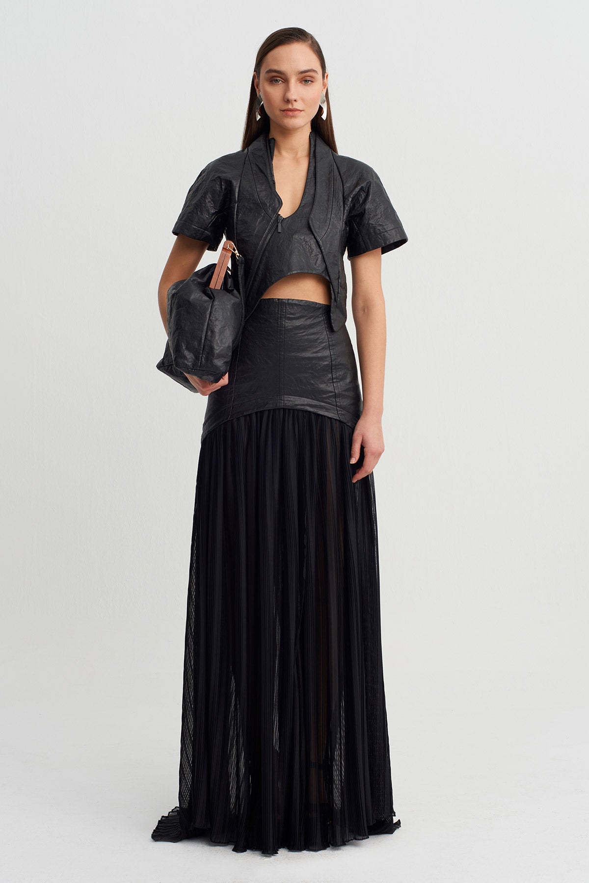 Black Short Leather Zip Jacket-Y265015041