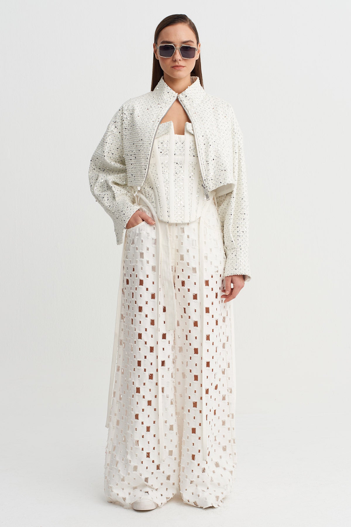 Off White Shimmer Textured Crop Jacket-Y265015051